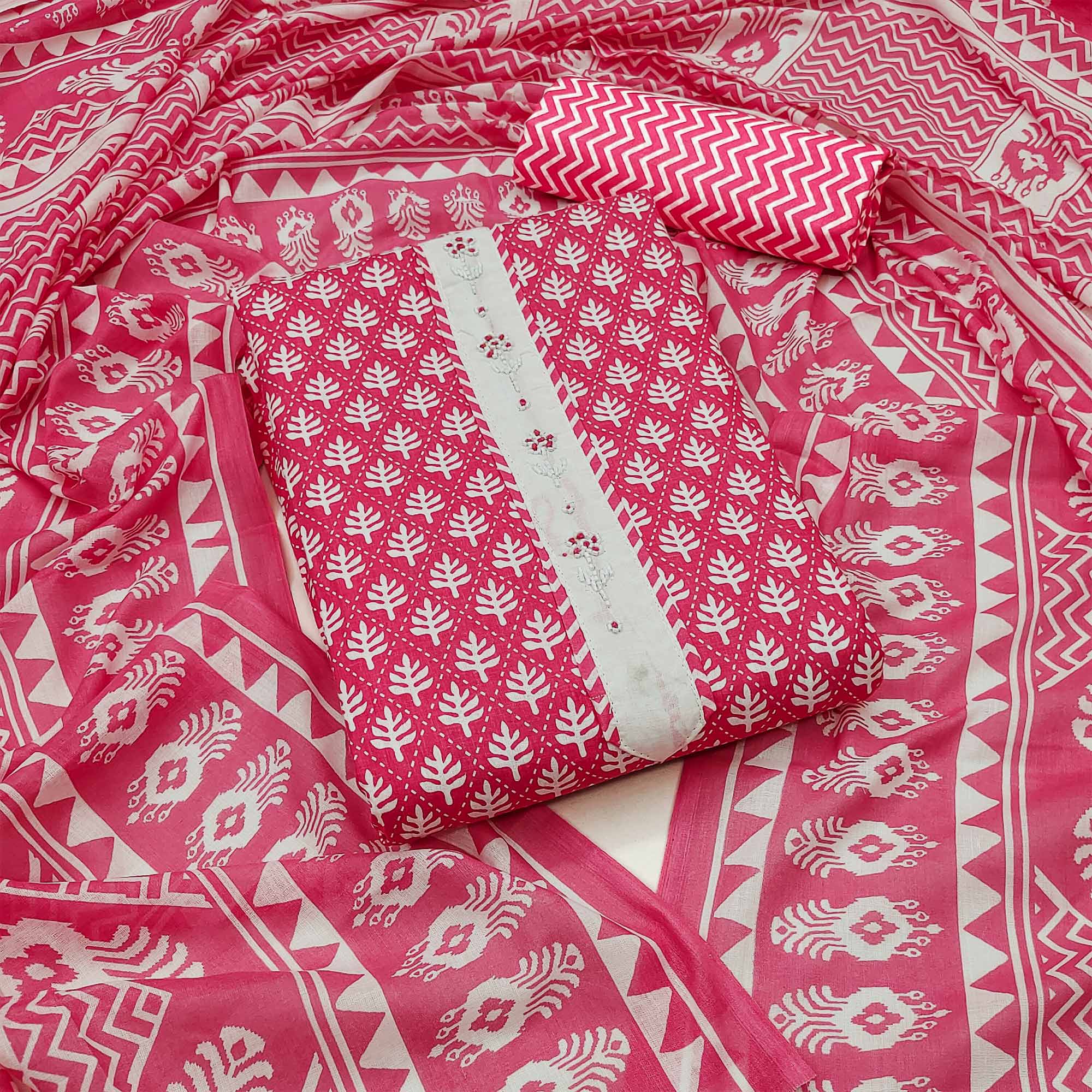 Pink Floral Printed With Yoke Embroidered Pure Cotton Dress Material