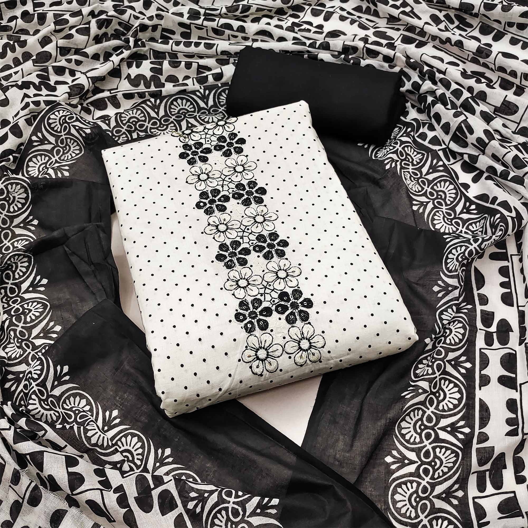 White Printed With Yoke Embroidered Pure Cotton Dress Material