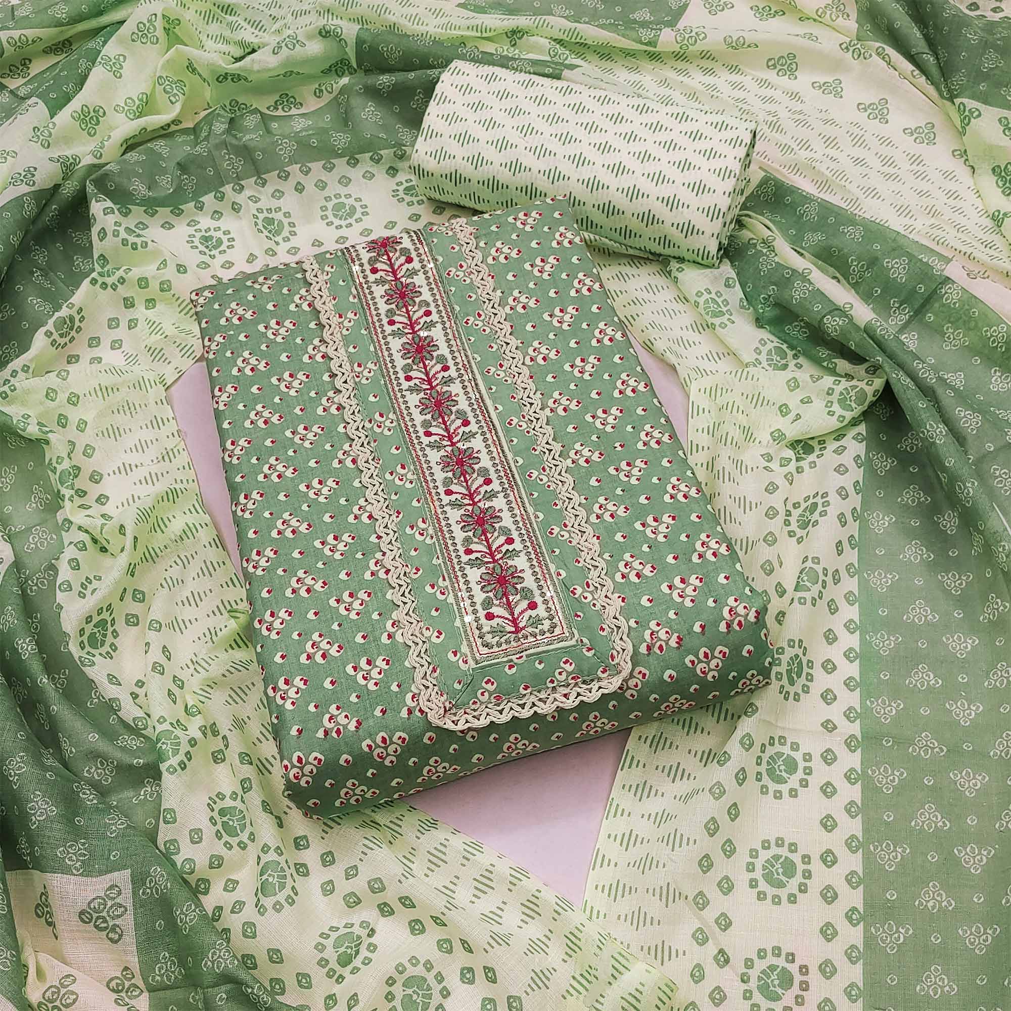 Green Printed With Embroidery Pure Cotton Dress Material