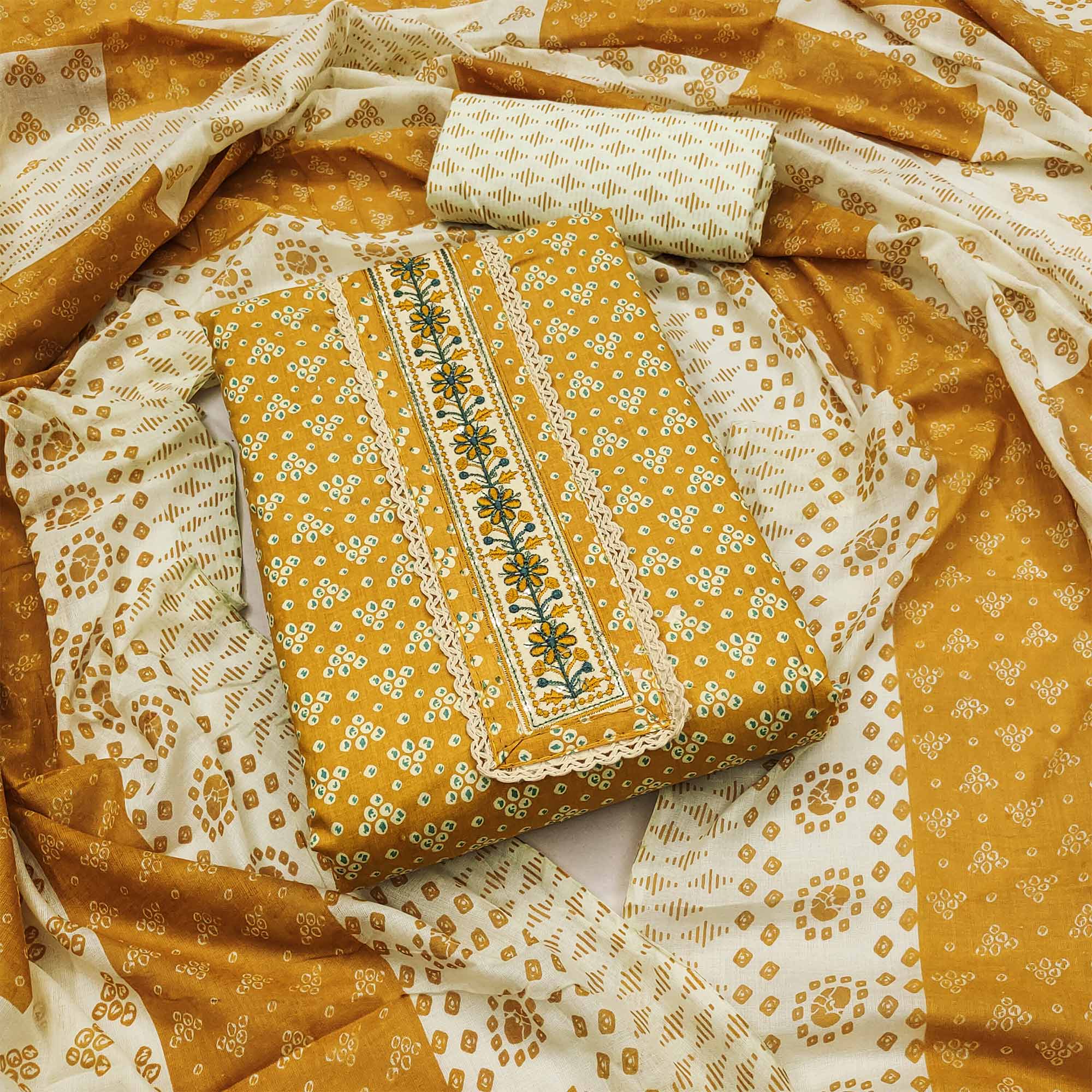 Mustard Printed With Embroidery Pure Cotton Dress Material