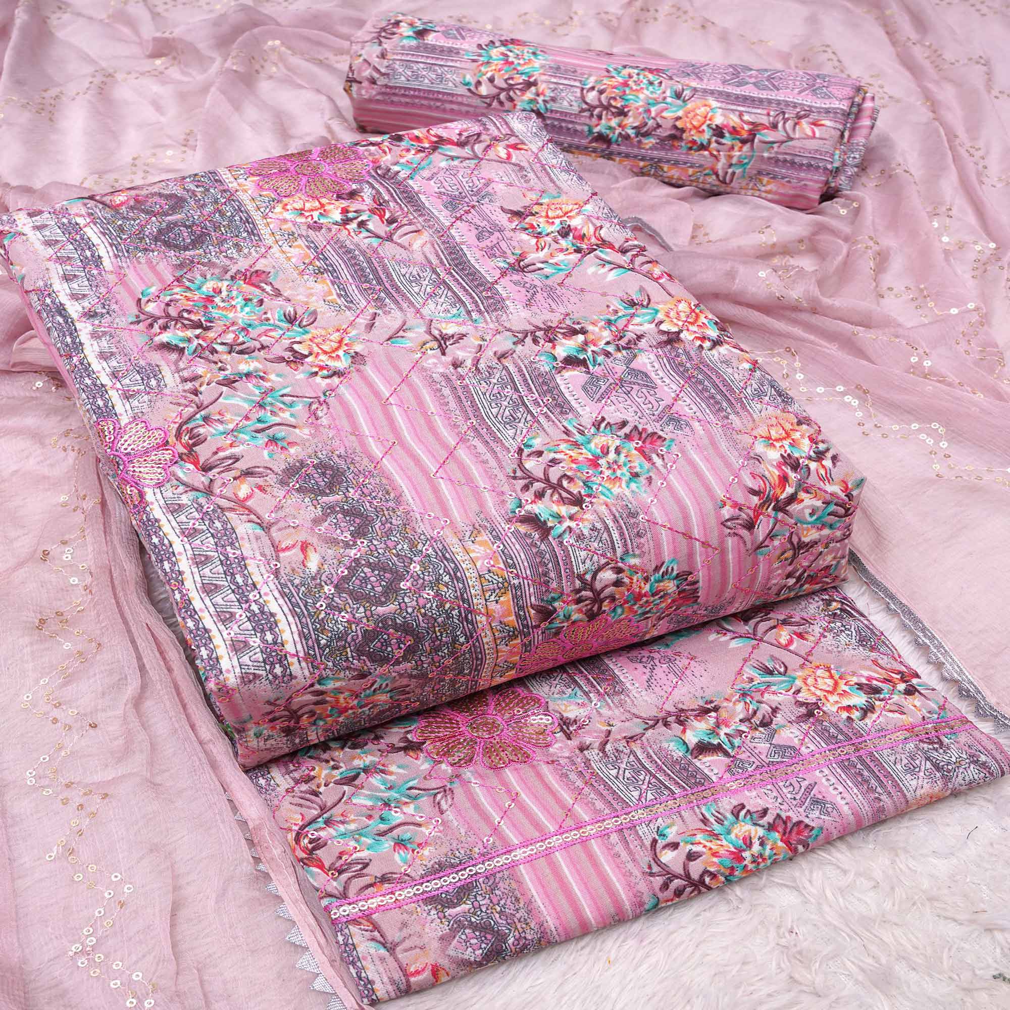 Pink Floral Foil Printed Pure Cotton Dress Material