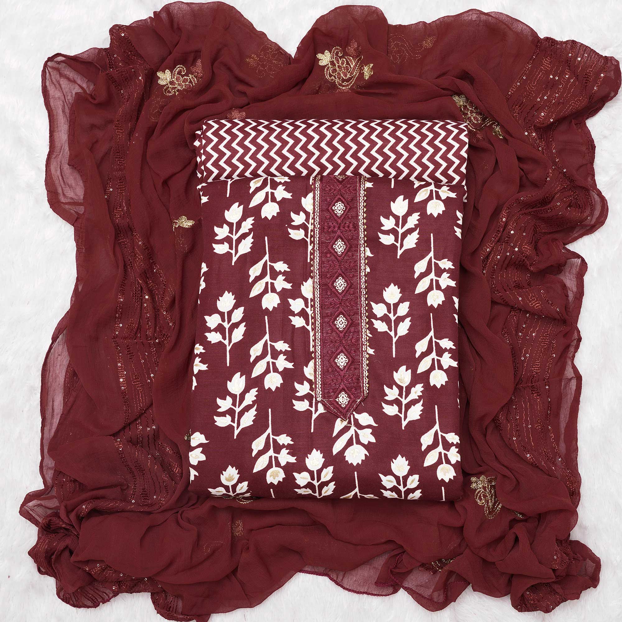 Maroon Foil Printed Cotton Blend Dress Material