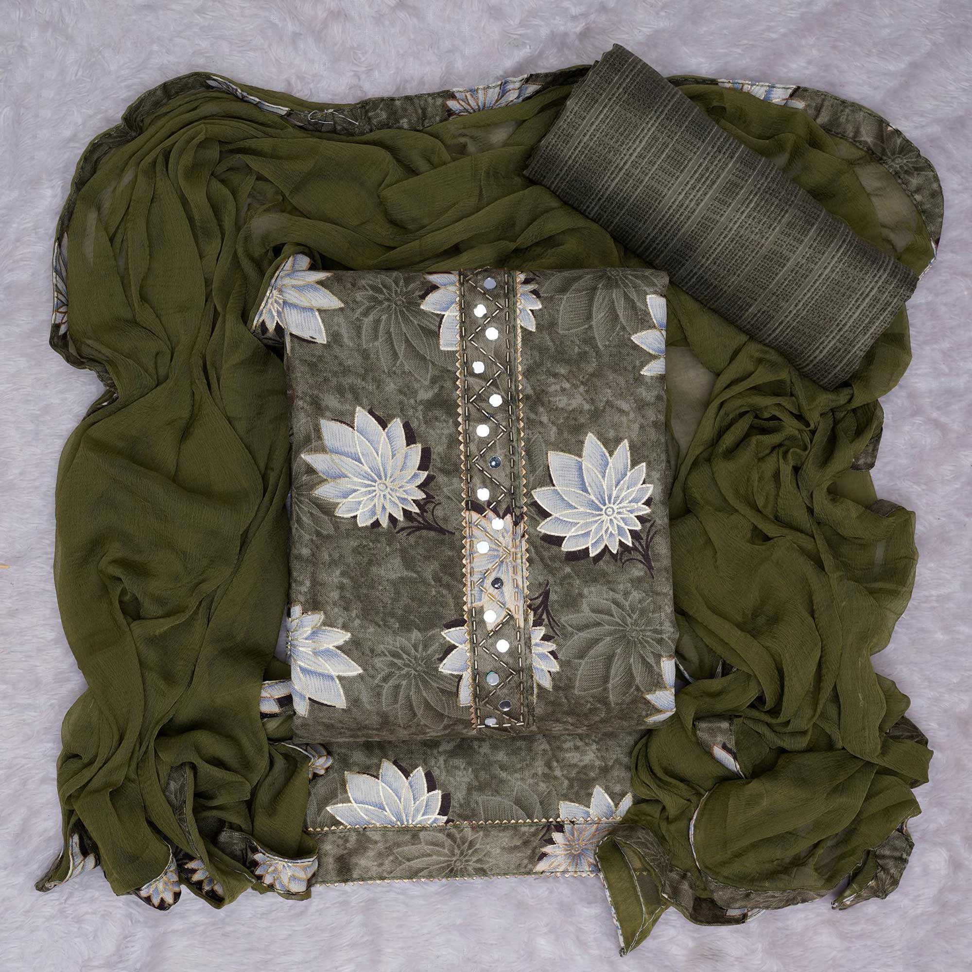 Green Floral Foil Printed Cotton Blend Dress Material