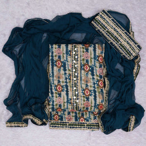 Teal Blue Foil Printed Cotton Blend Dress Material