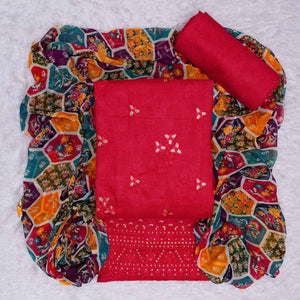 Red Floral Embroidered Cotton Blend Dress Material