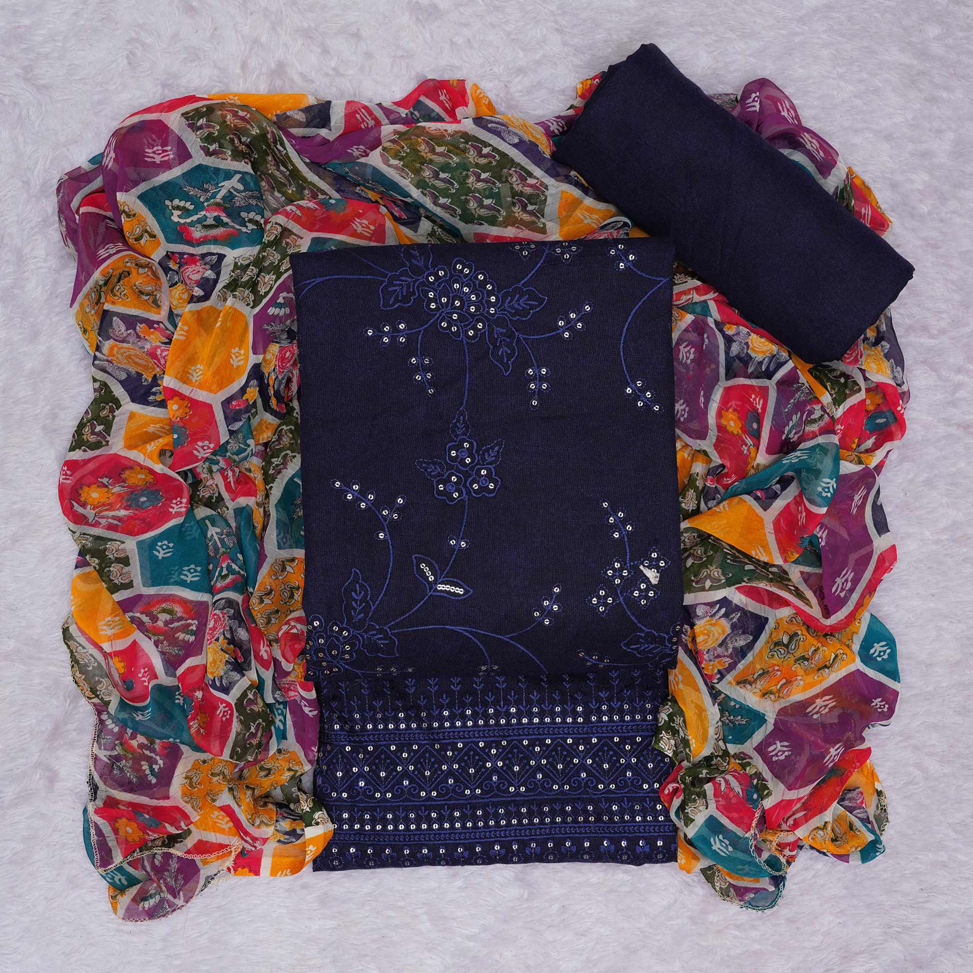 Blue Floral Embroidered Cotton Blend Dress Material