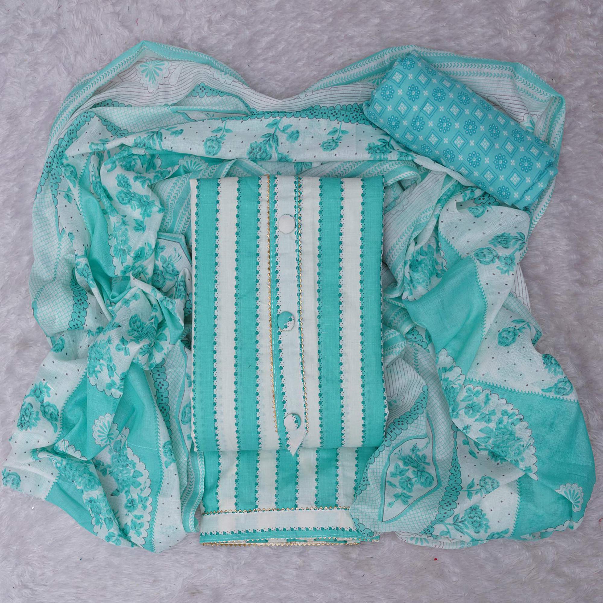 Turquoise Printed With Gota Patti Work Cotton Blend Dress Material