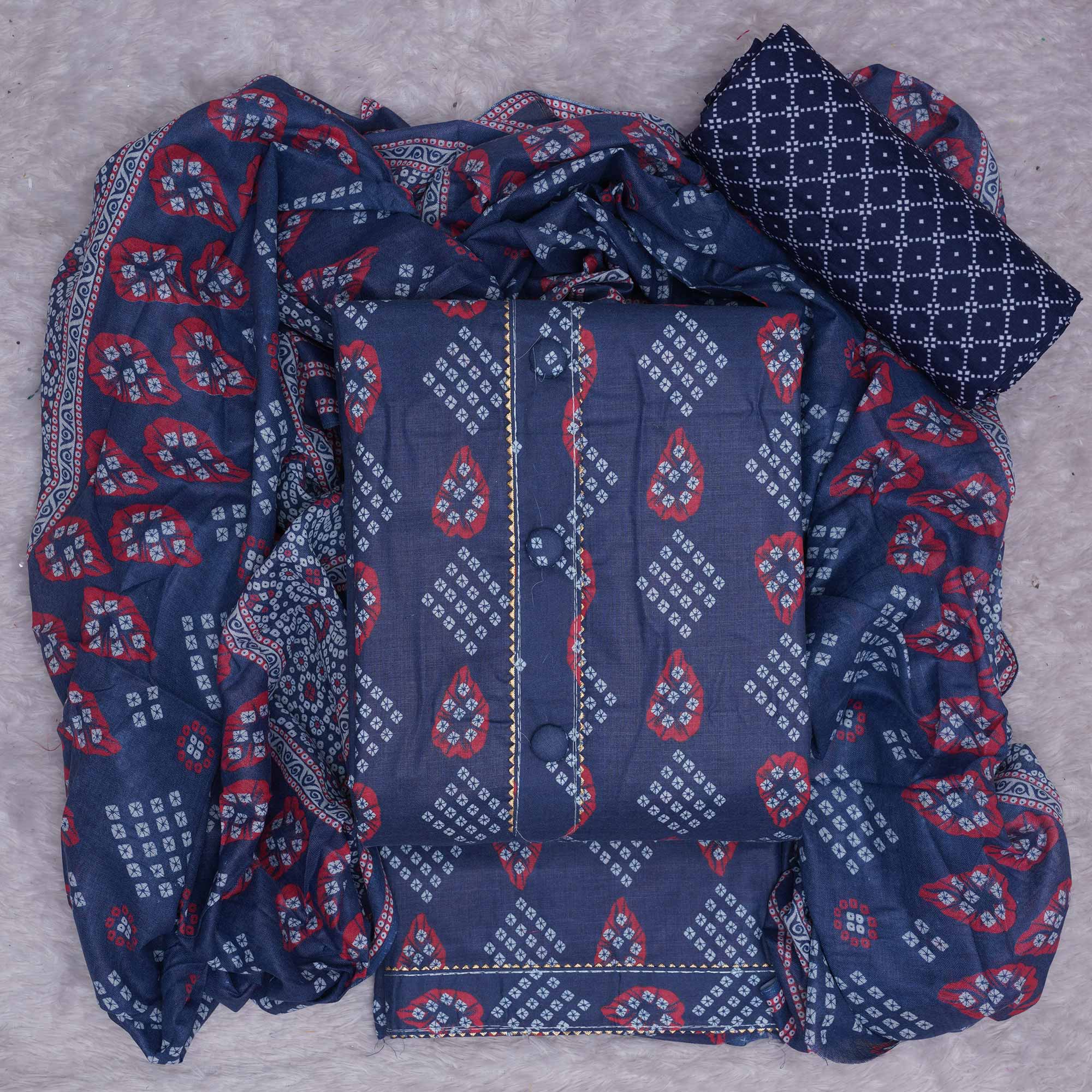 Blue Bandhani Printed Cotton Blend Dress Material