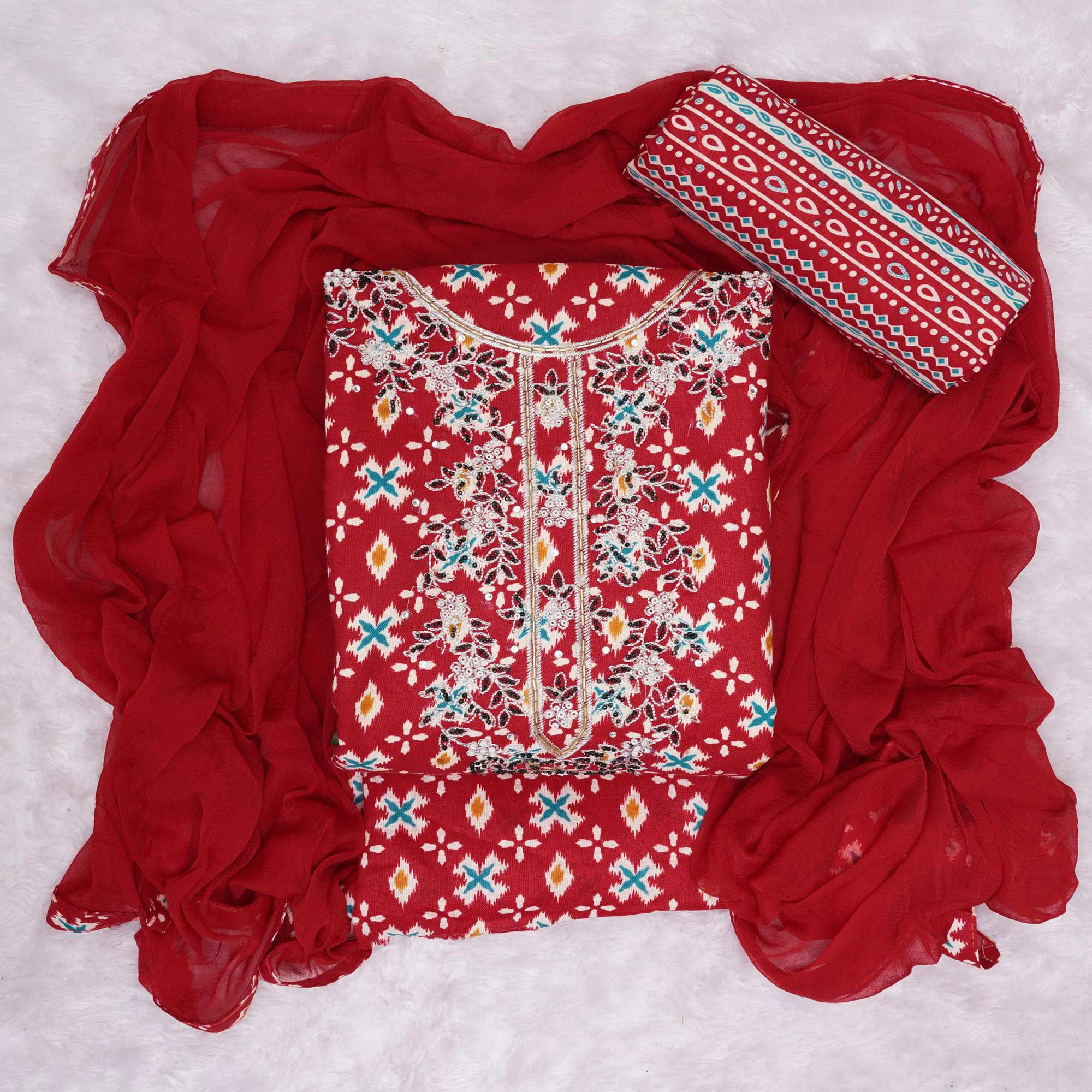 Red Printed With Embroidered Cotton Blend Dress Material