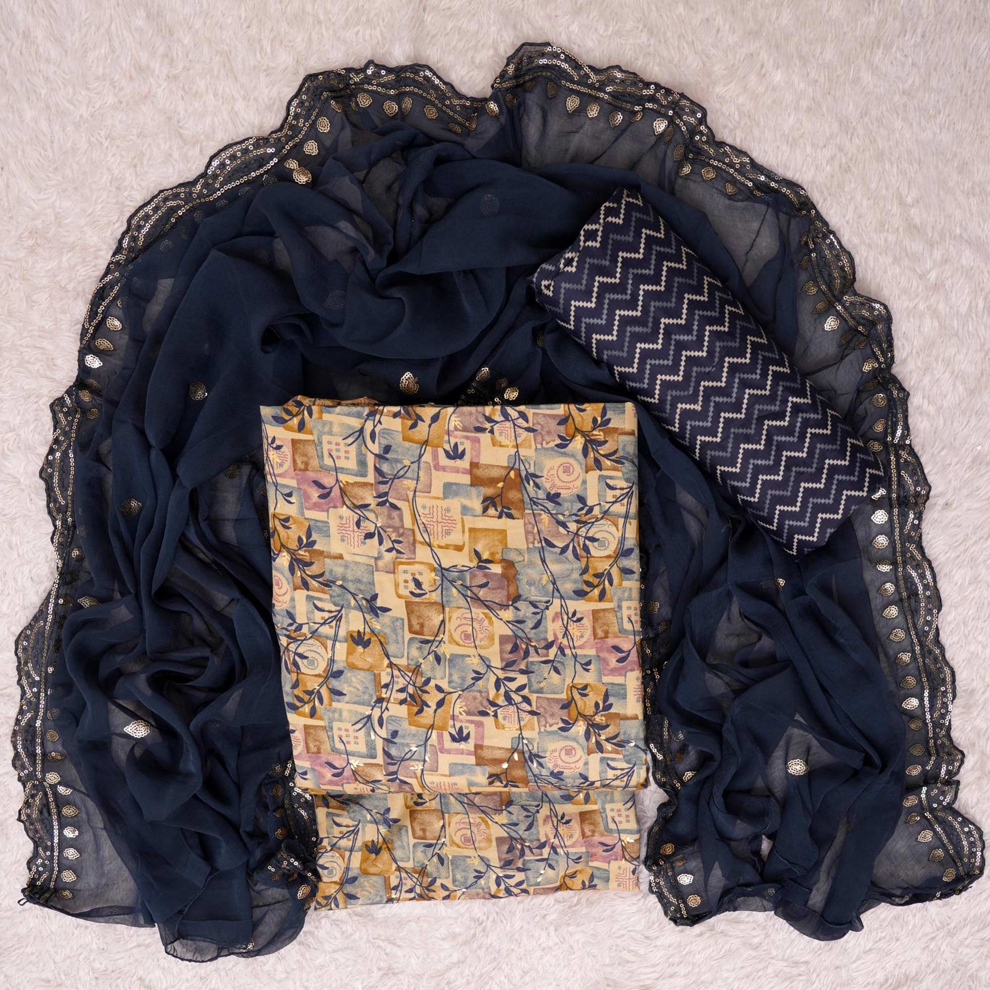 Chikoo & Blue Foil Printed Cotton Blend Dress Material