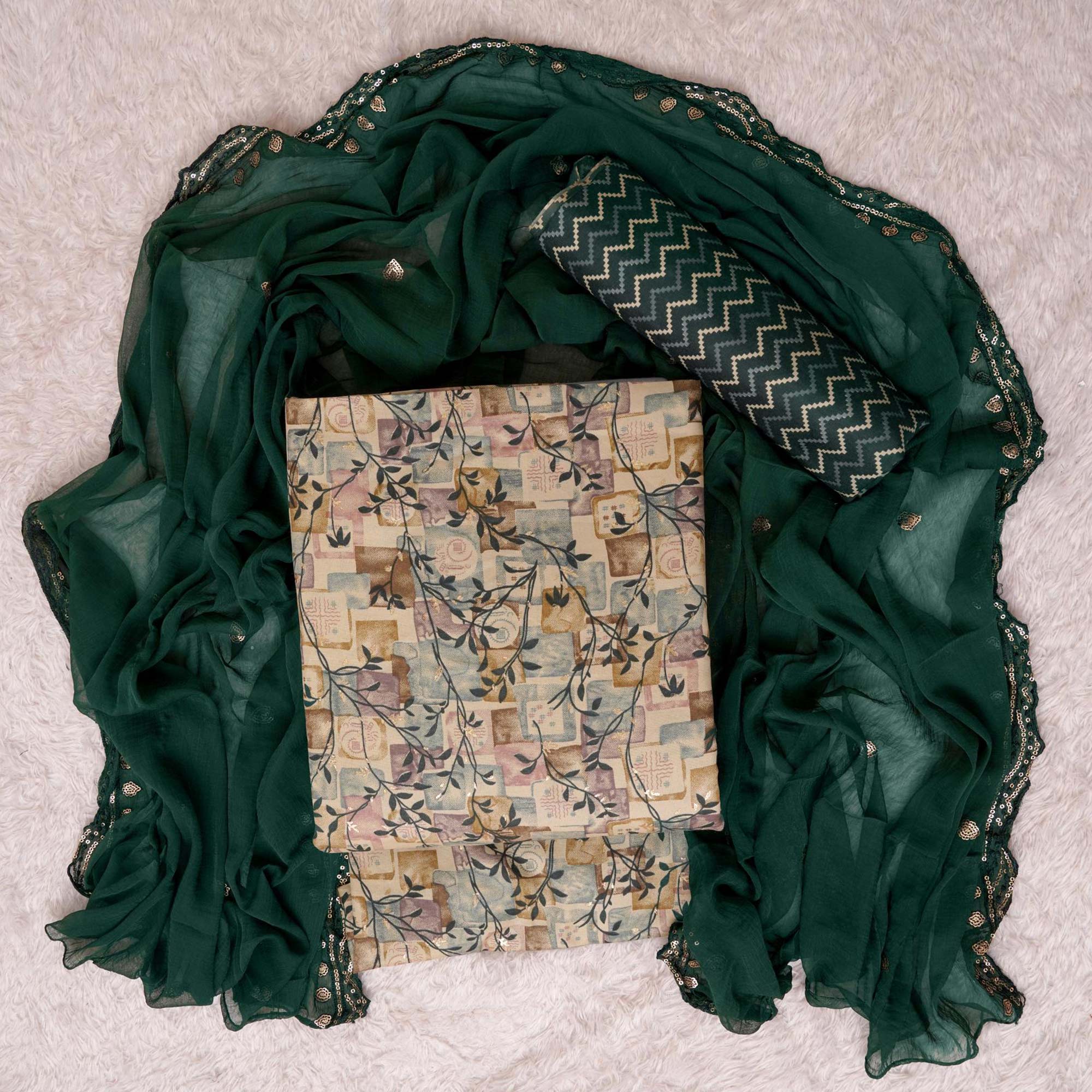 Chikoo & Green Foil Printed Cotton Blend Dress Material