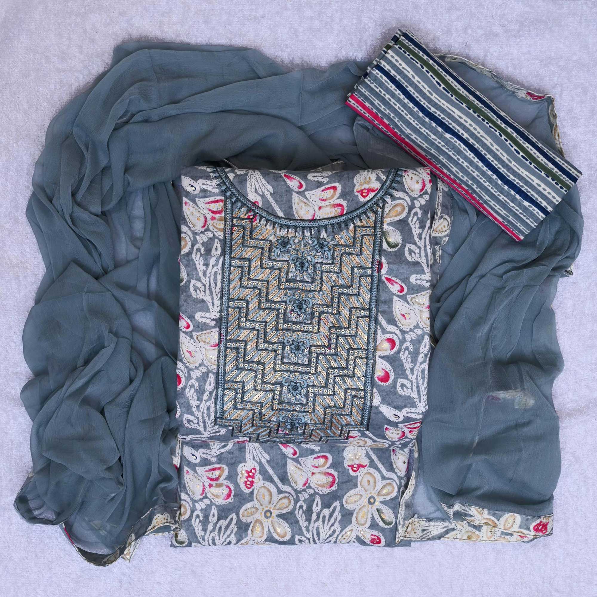 Grey Foil Printed With Sequins Embroidery Cotton Blend Dress Material