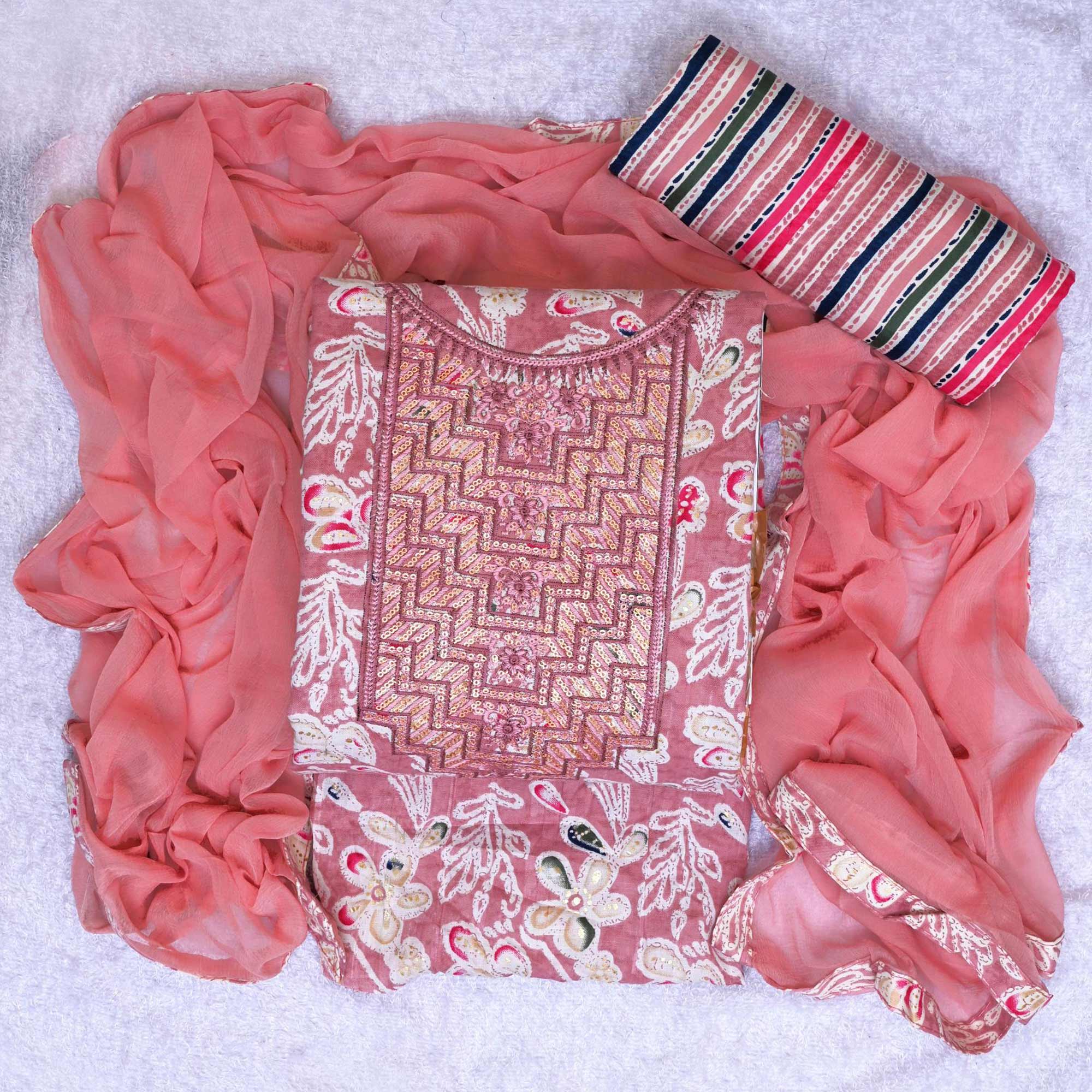 Peach Foil Printed With Sequins Embroidery Cotton Blend Dress Material