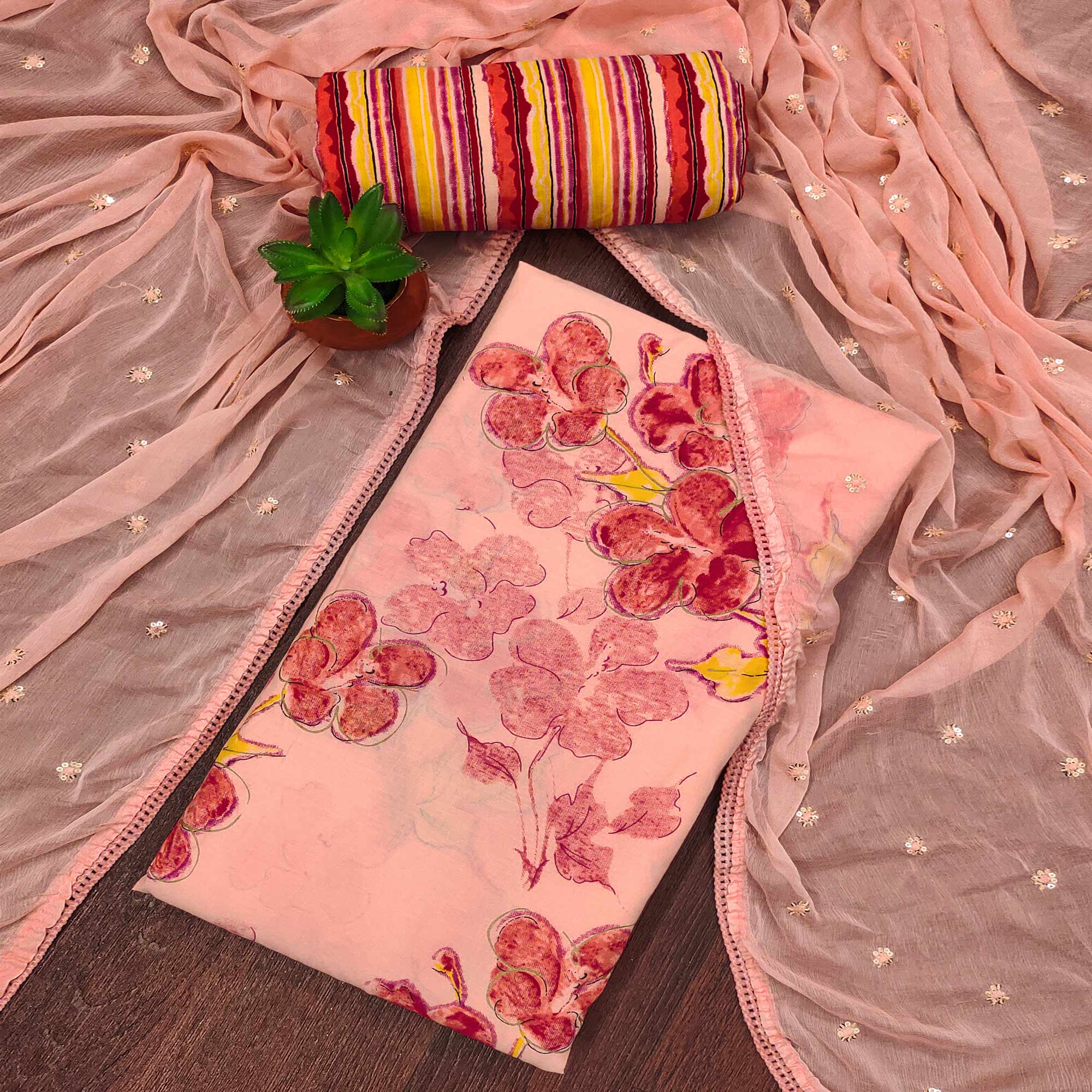 Peach Floral Printed Pure Cotton Dress Material