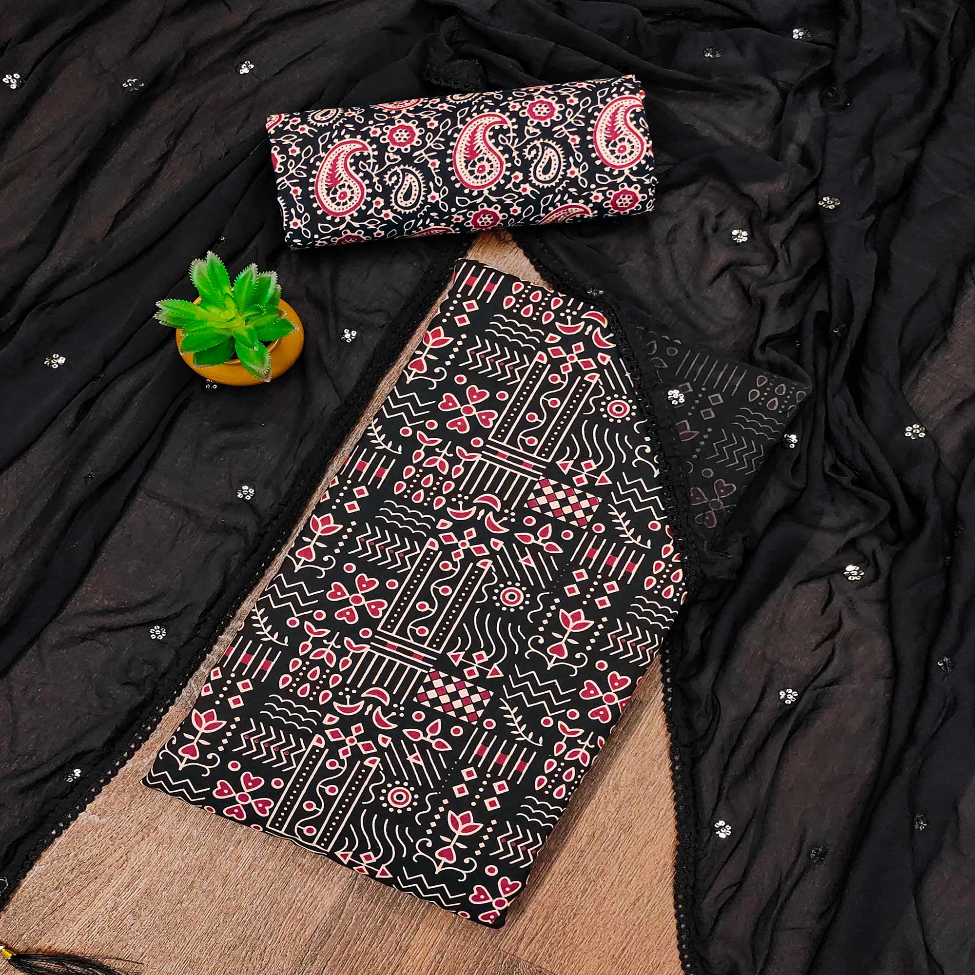 Black Printed Pure Cotton Dress Material