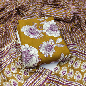 Mustard Floral Printed Pure Cotton Dress Material