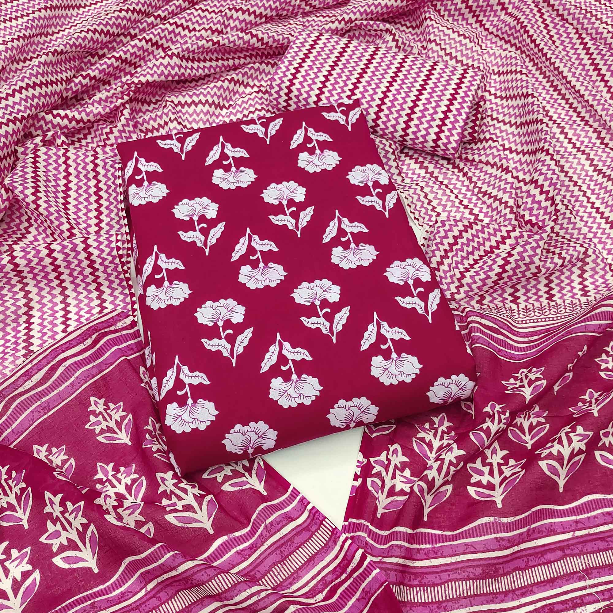 Rani Pink Floral Printed Pure Cotton Dress Material
