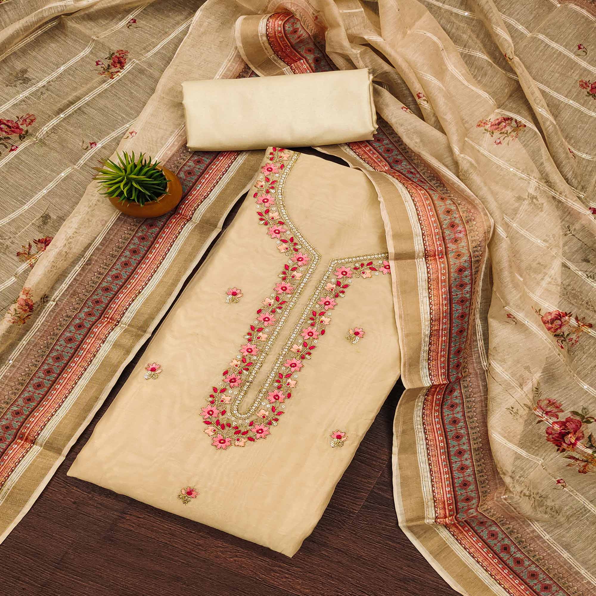 Beige Floral Embroidered Chanderi Dress Material