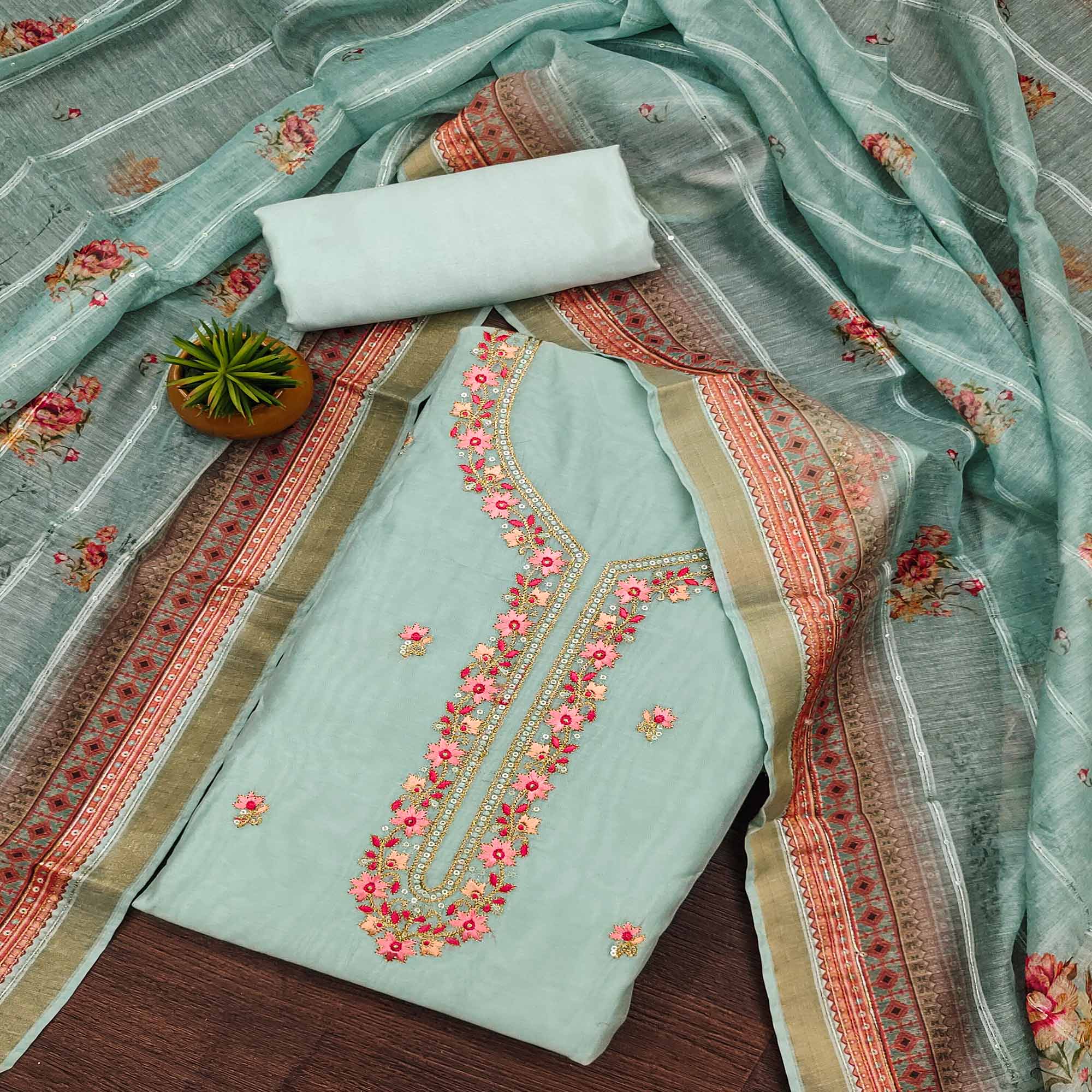 Sea Green Floral Embroidered Chanderi Dress Material
