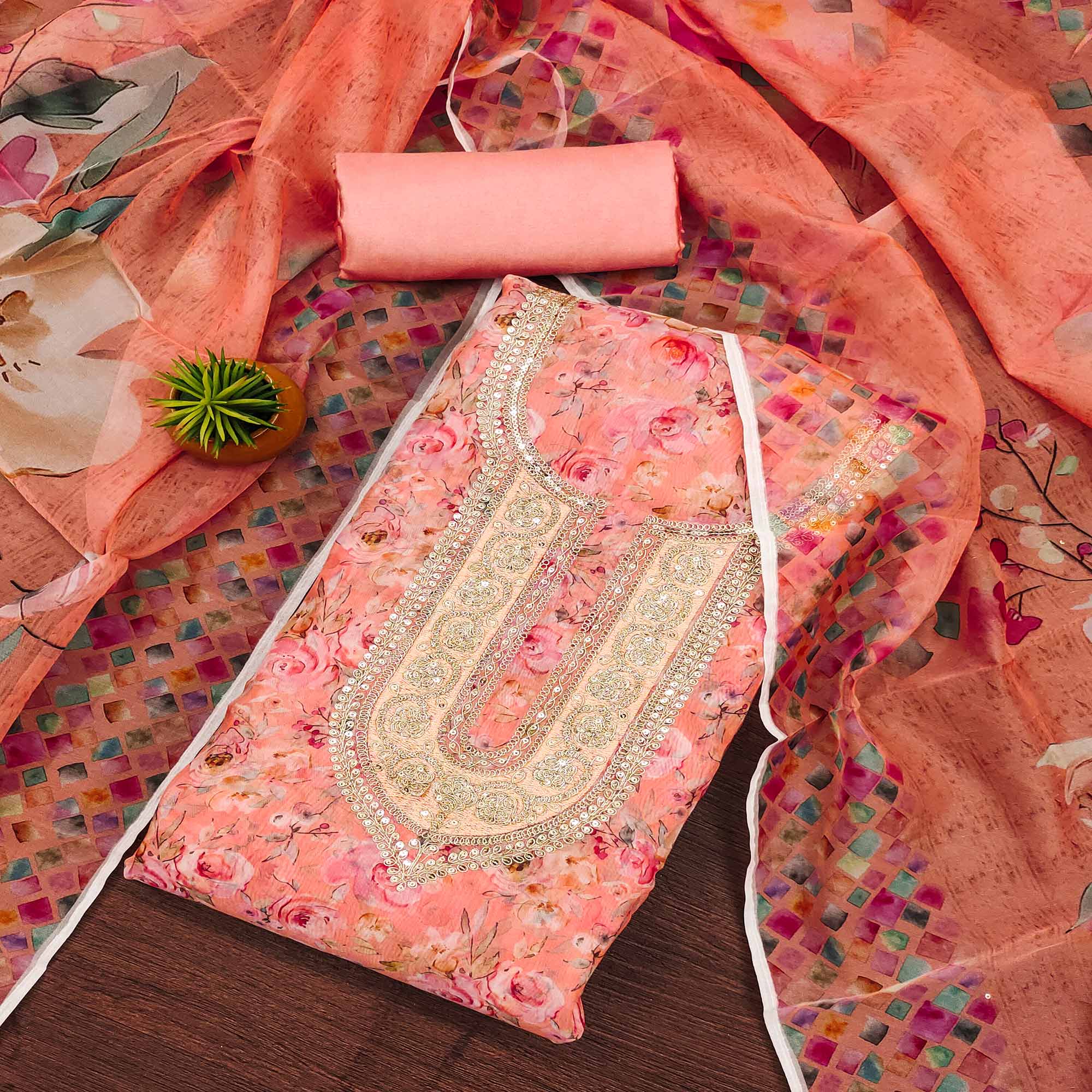 Peach Floral Printed Organza Dress Material