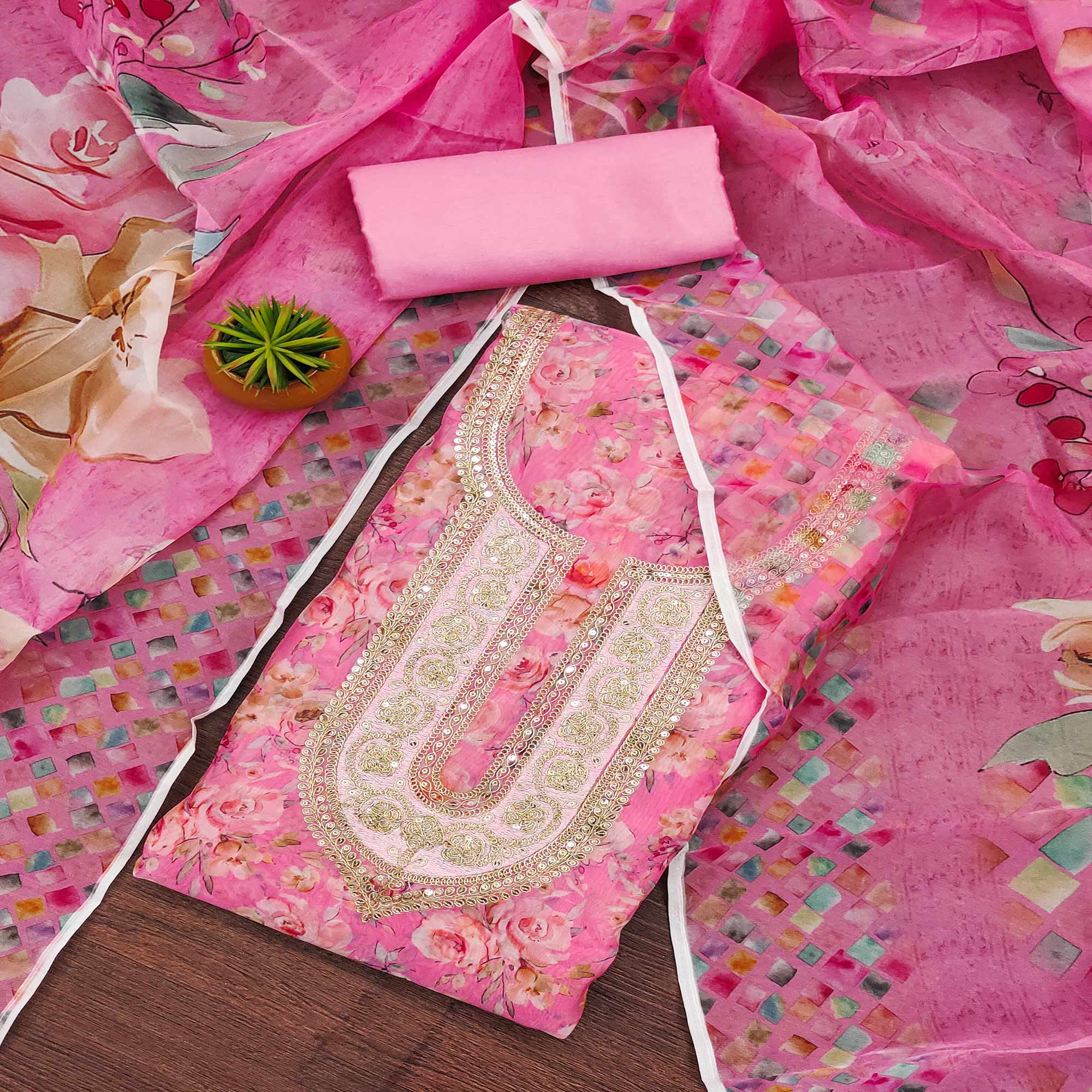 Pink Floral Printed Organza Dress Material