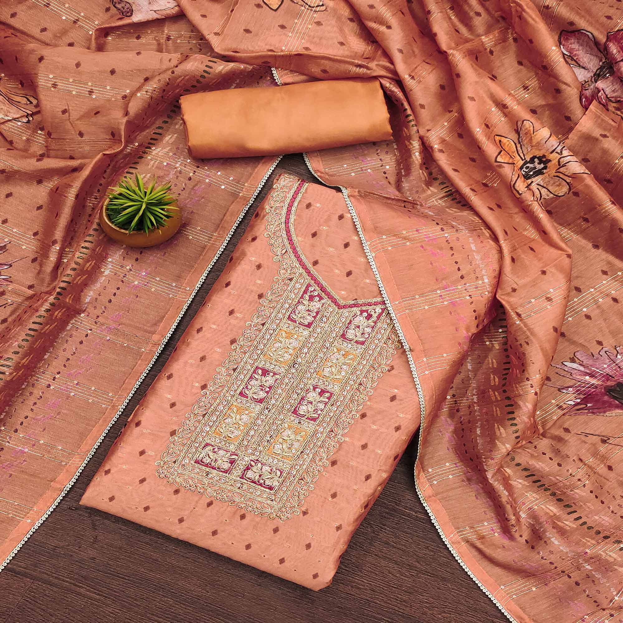 Peach Floral Printed With Embroidered Chanderi Dress Material
