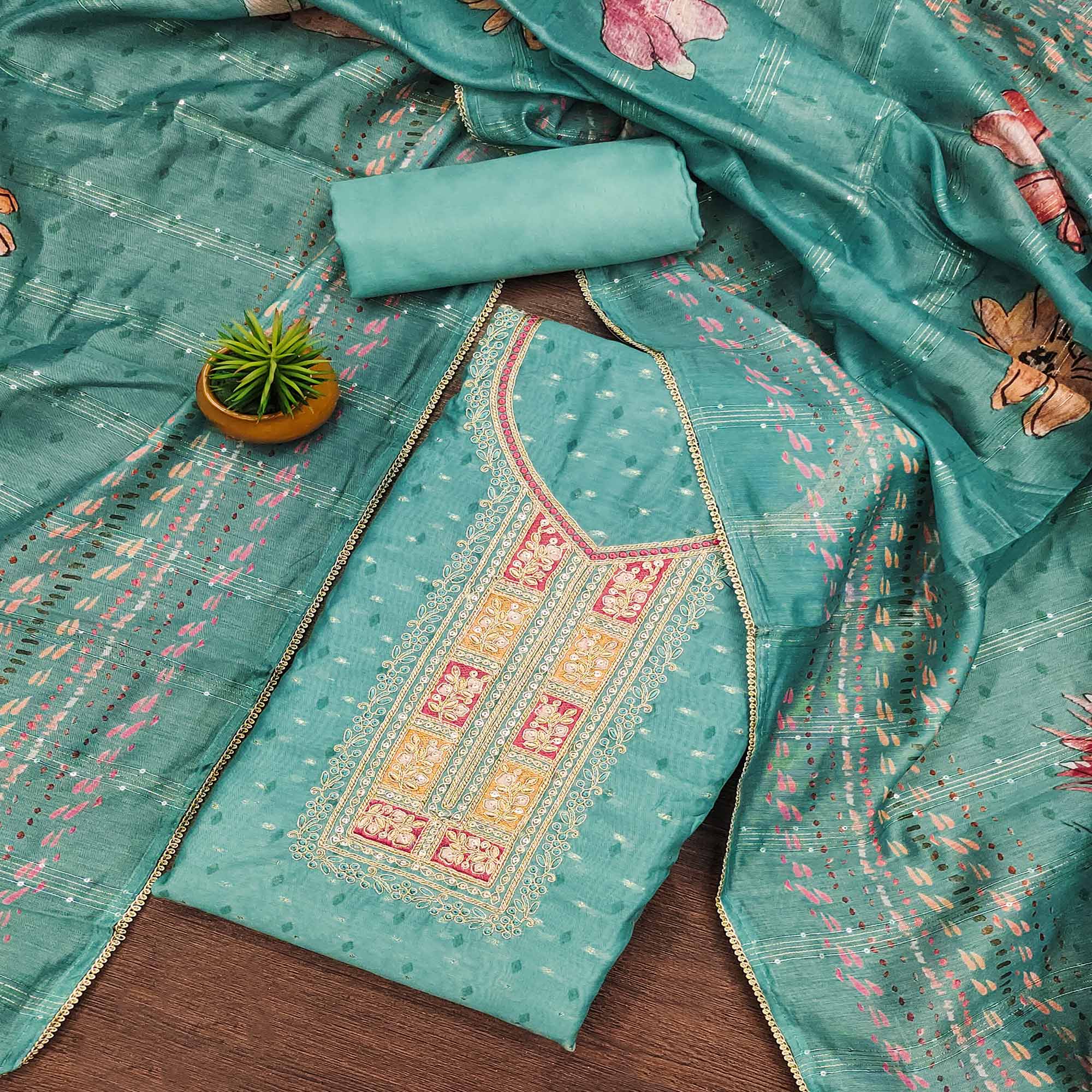 Turquoise Floral Printed With Embroidered Chanderi Dress Material