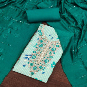 Turquoise Floral Printed With Embroidered Pure Cotton Dress Material