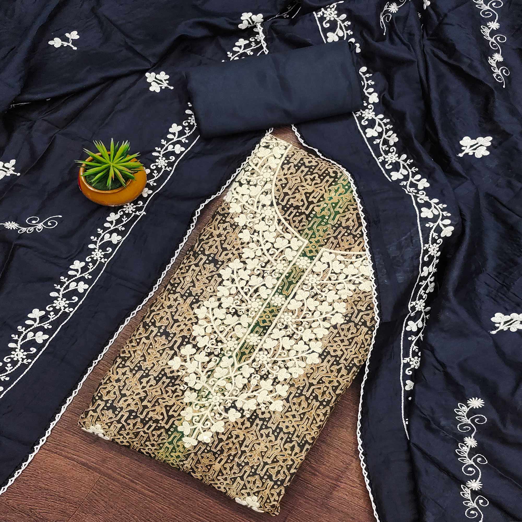 Navy Blue Floral Embroidered With Printed Pure Cotton Dress Material