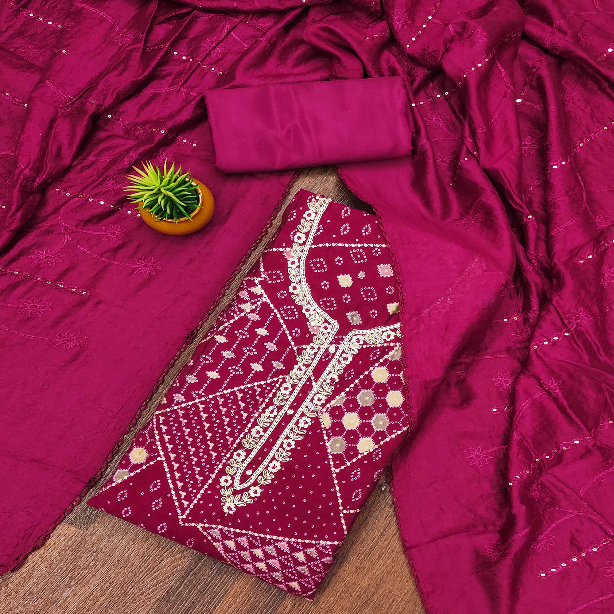 Pink Floral Embroidery With Foil Printed Pure Cotton Dress Material