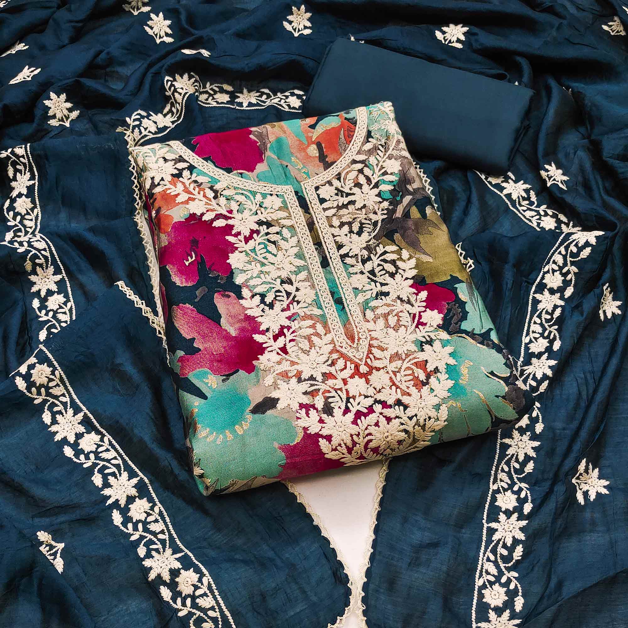 Blue Floral Embroidery With Printed Cotton Silk Dress Material