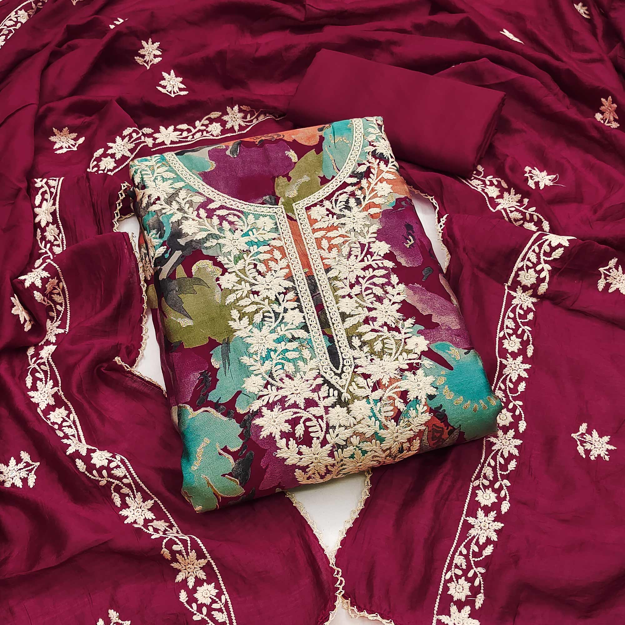 Dark Floral Embroidery With Printed Cotton Silk Dress Material