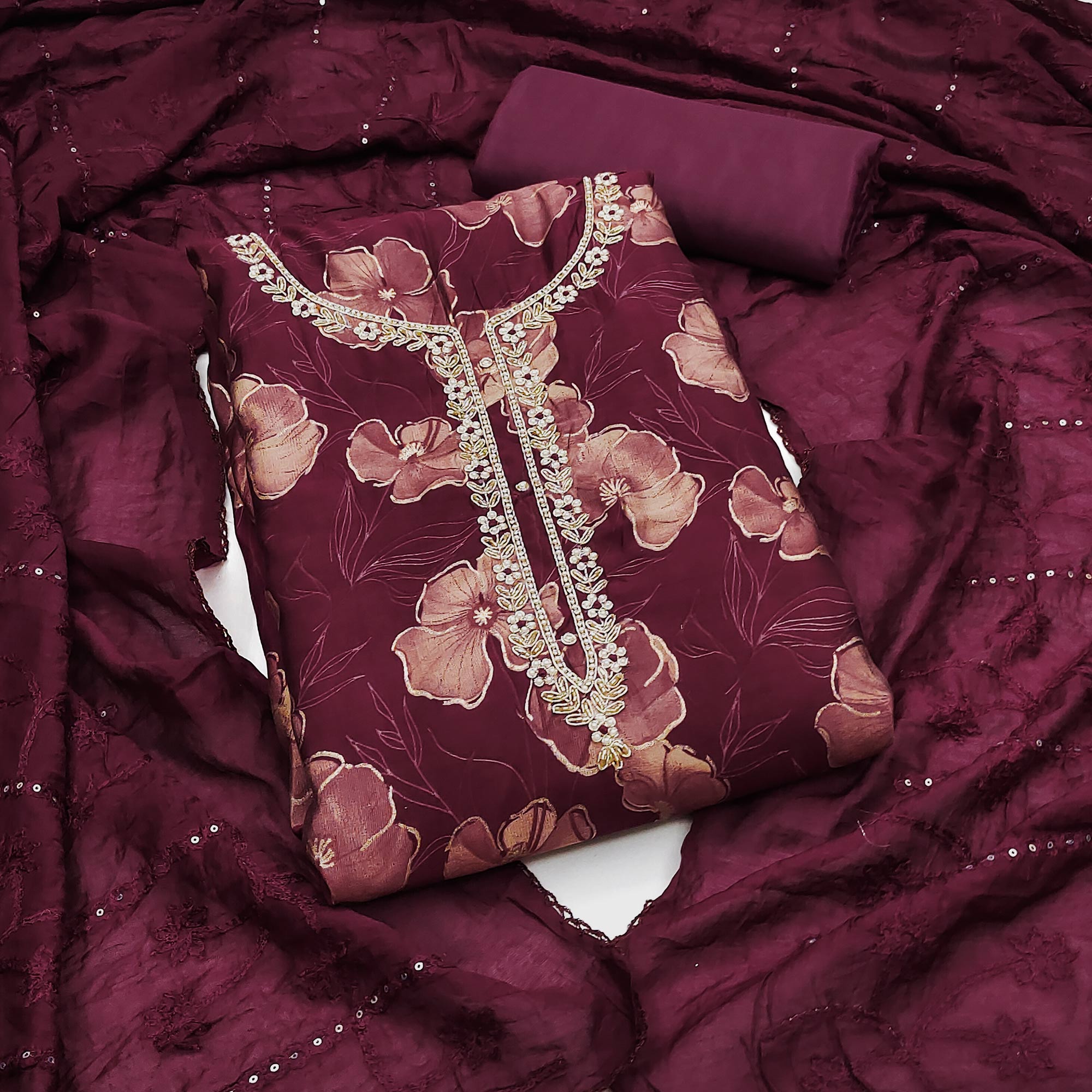 Wine Floral Printed With Handwork Cotton Silk Dress Material