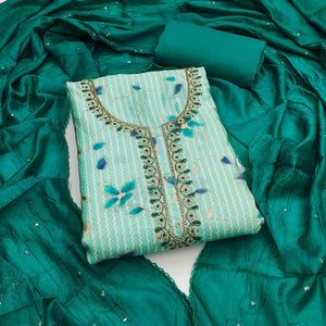 Turquoise Floral Printed Cotton Silk Dress Material