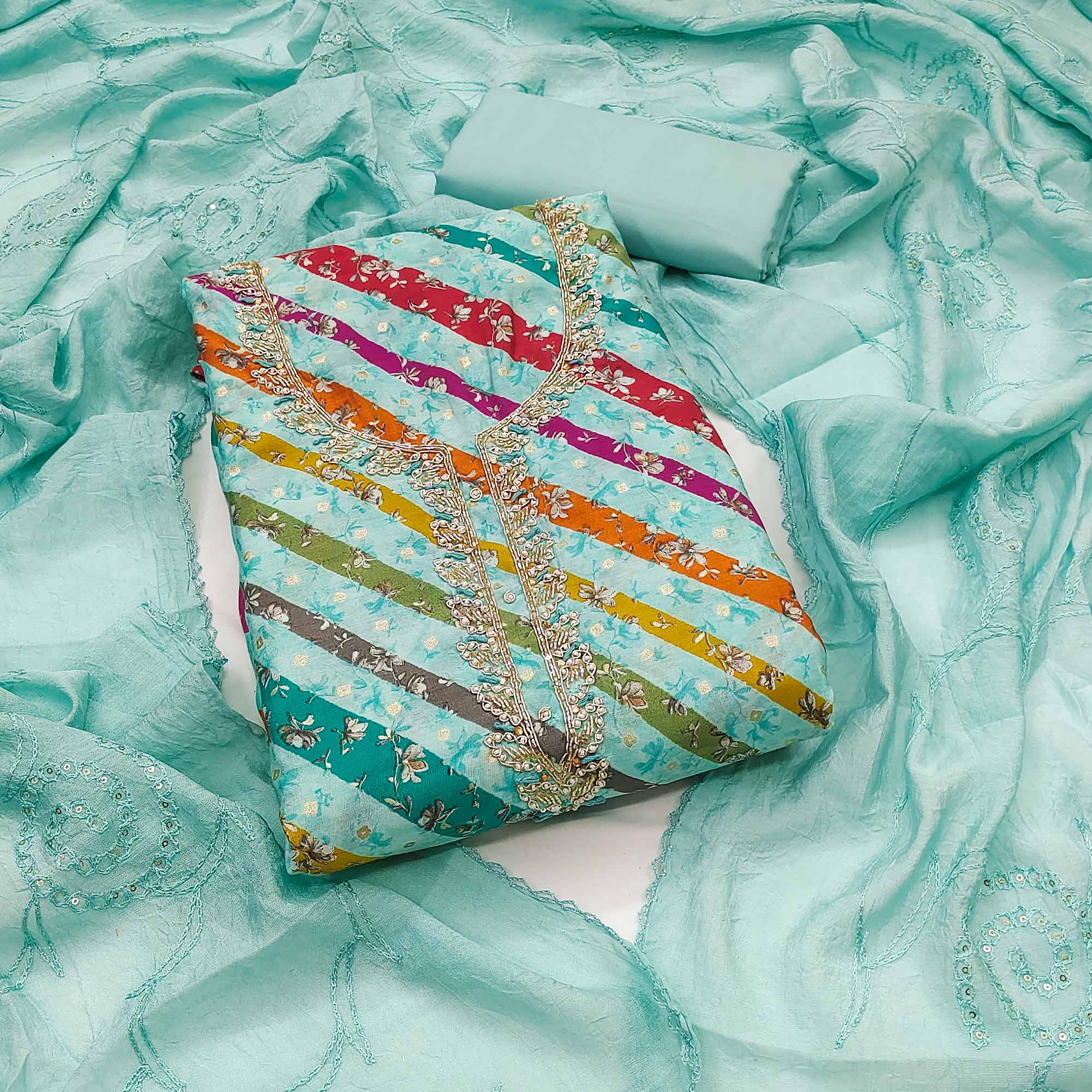 Turquoise Striped Printed Pure Cotton Dress Material