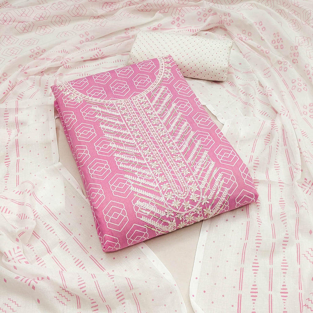 Tyrian Pink Printed Pure Cotton Unstitched Dress Material (SHKS1169)