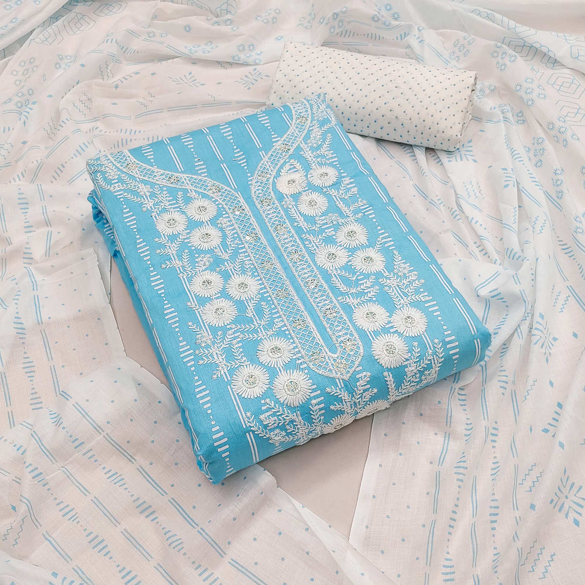 Blue Printed With Yoke Embroidered Pure Cotton Dress Material