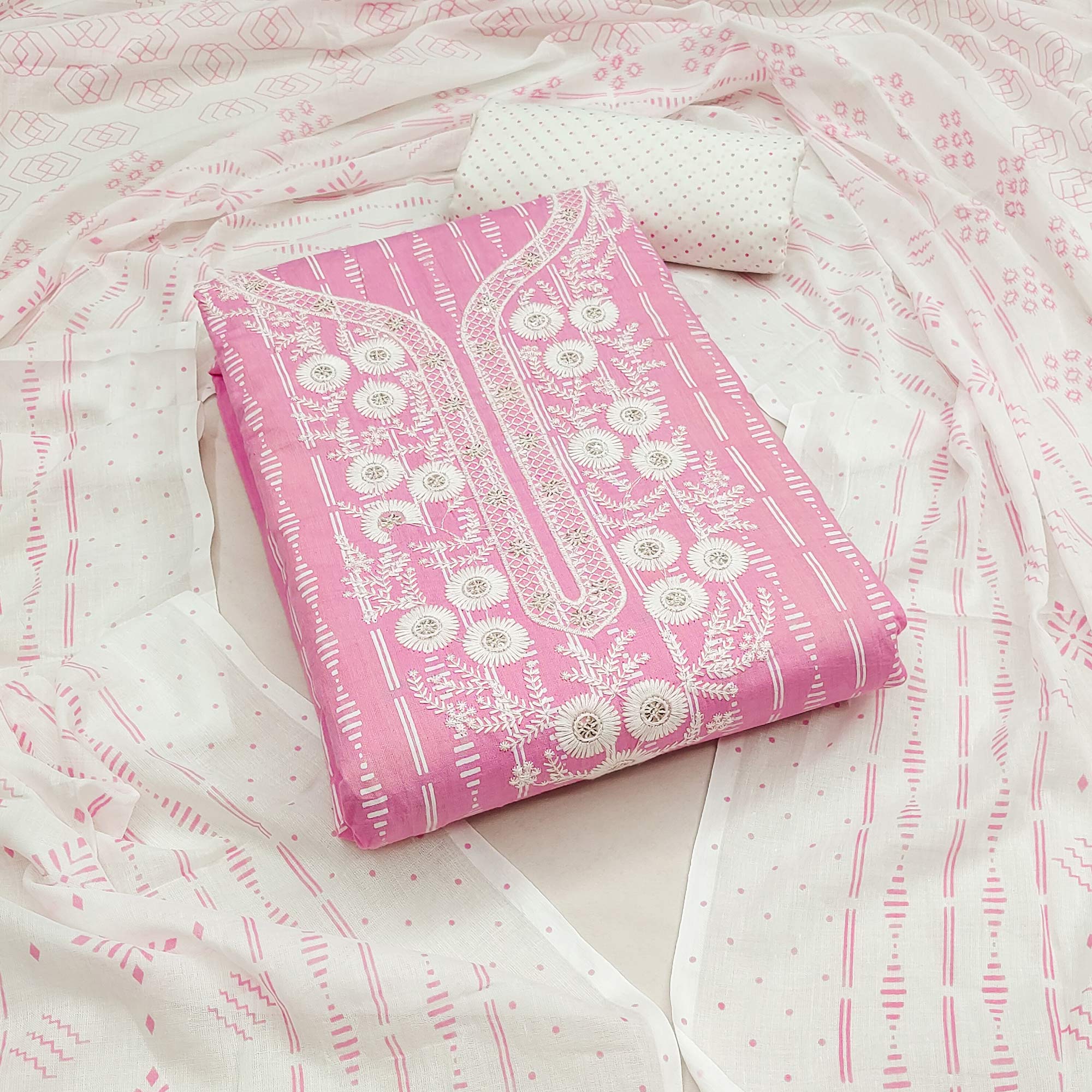 Pink Printed With Yoke Embroidered Pure Cotton Dress Material