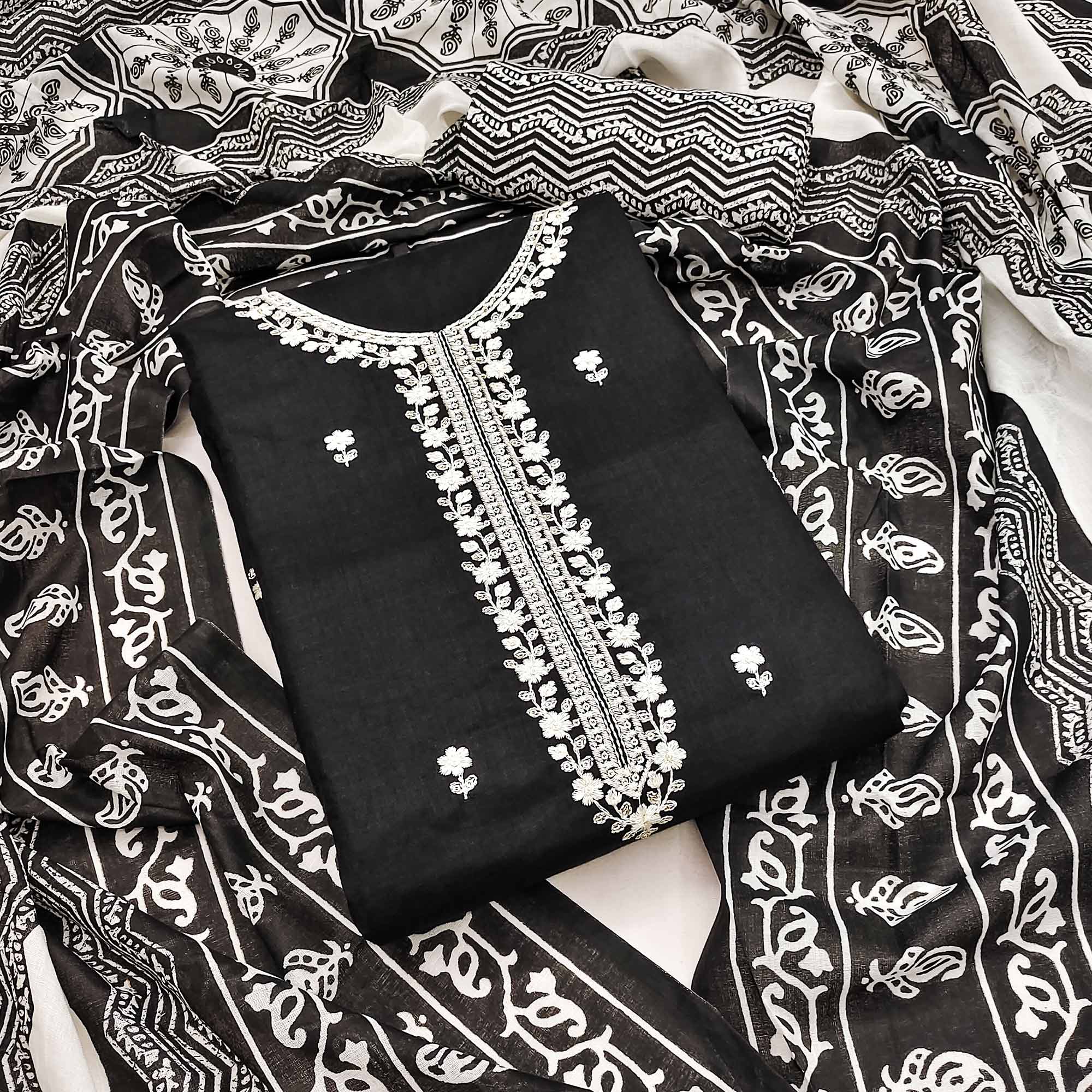 Black Embroidered Pure Cotton Dress Material