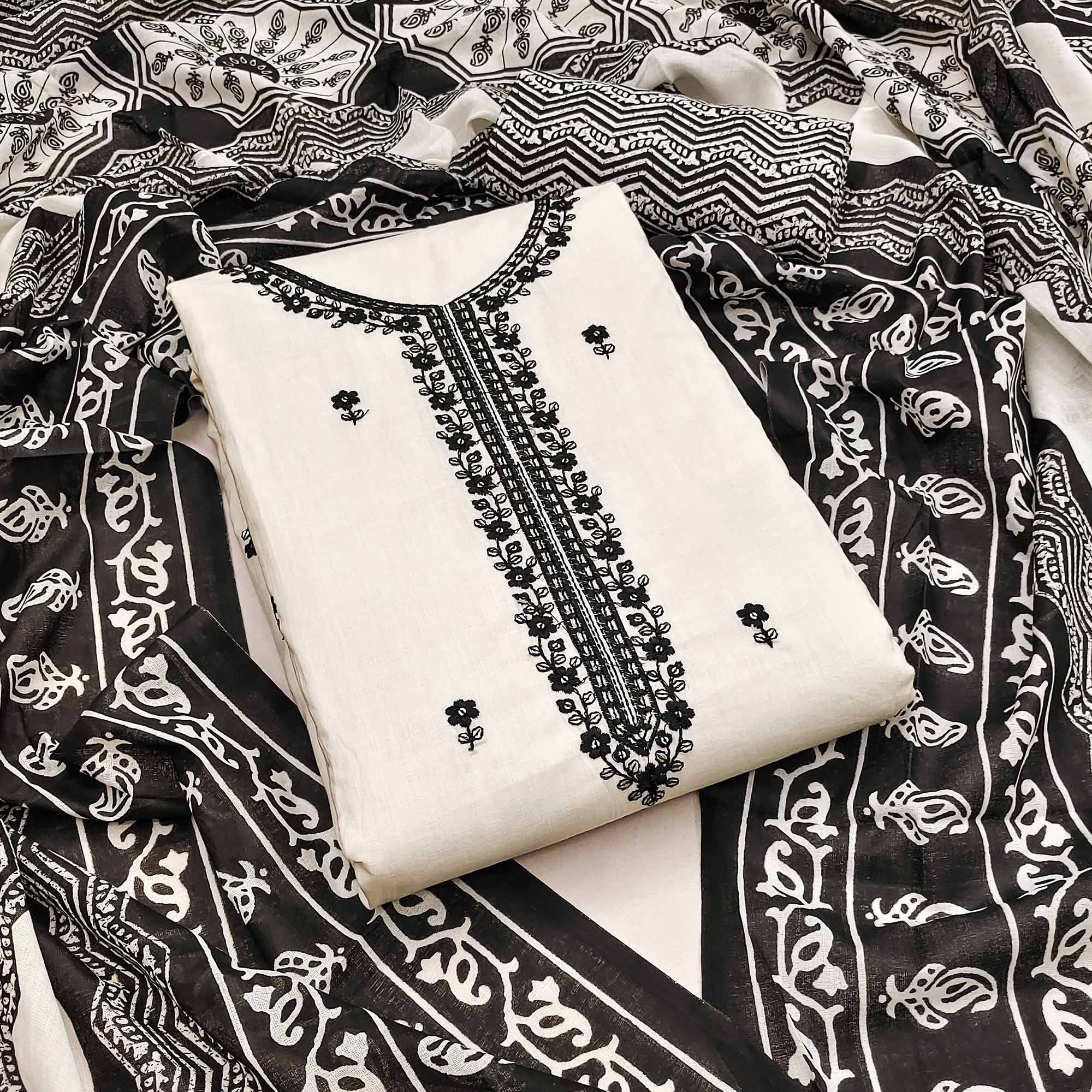 White Embroidered Pure Cotton Dress Material