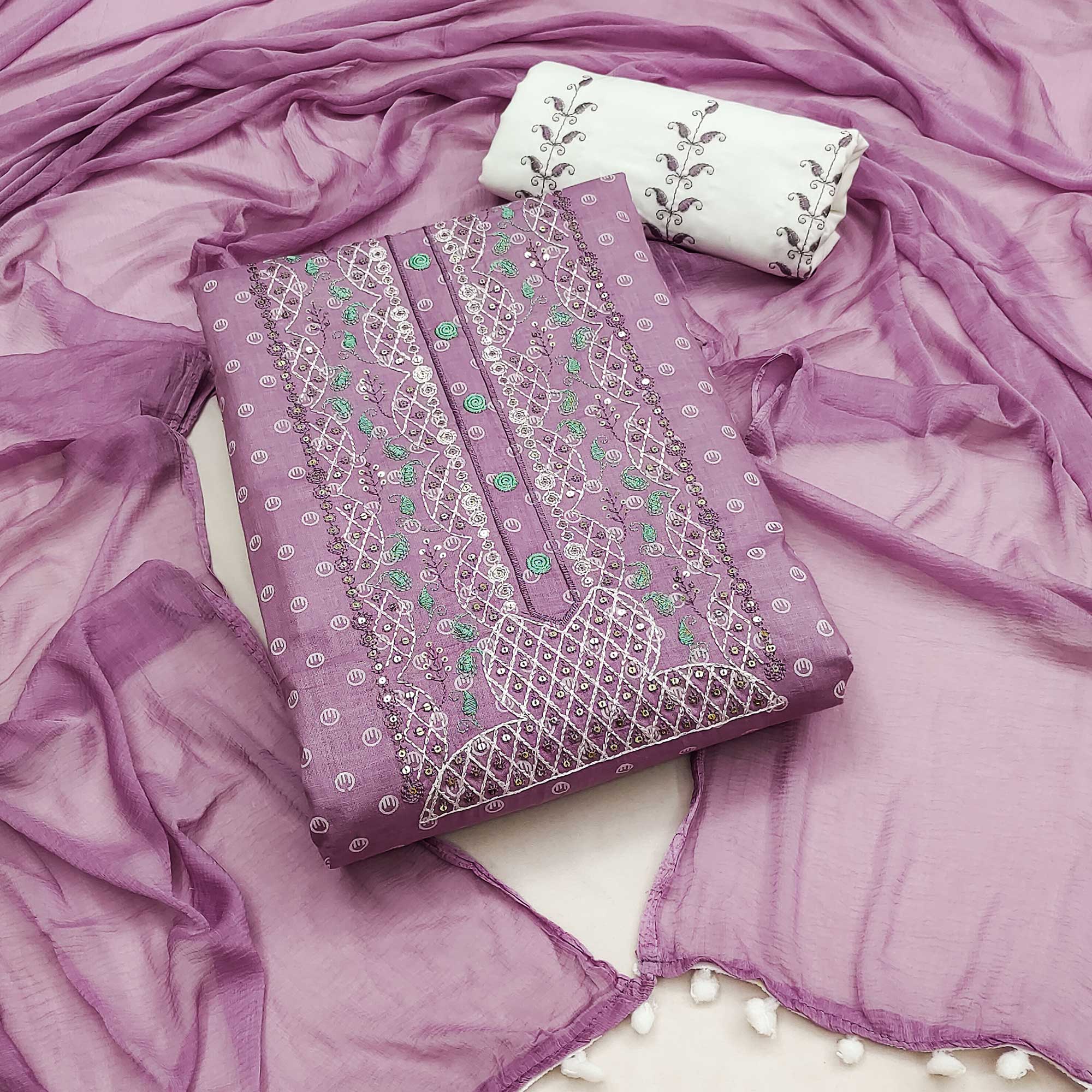 Purple Printed With Yoke Embroidered Pure Cotton Dress Material