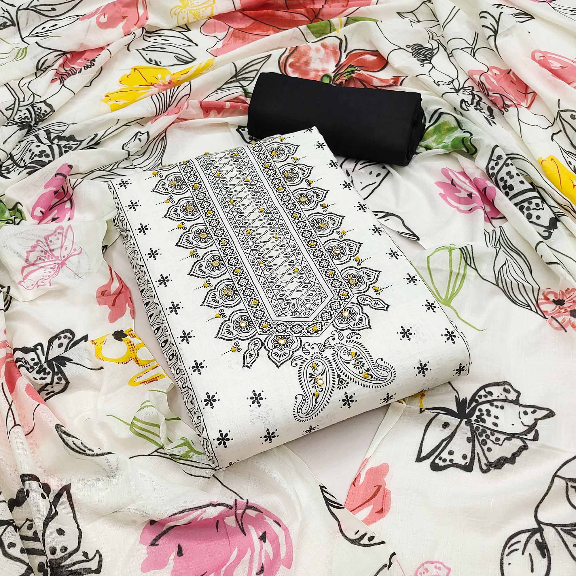 White & Yellow Floral Printed Pure Cotton Dress Material