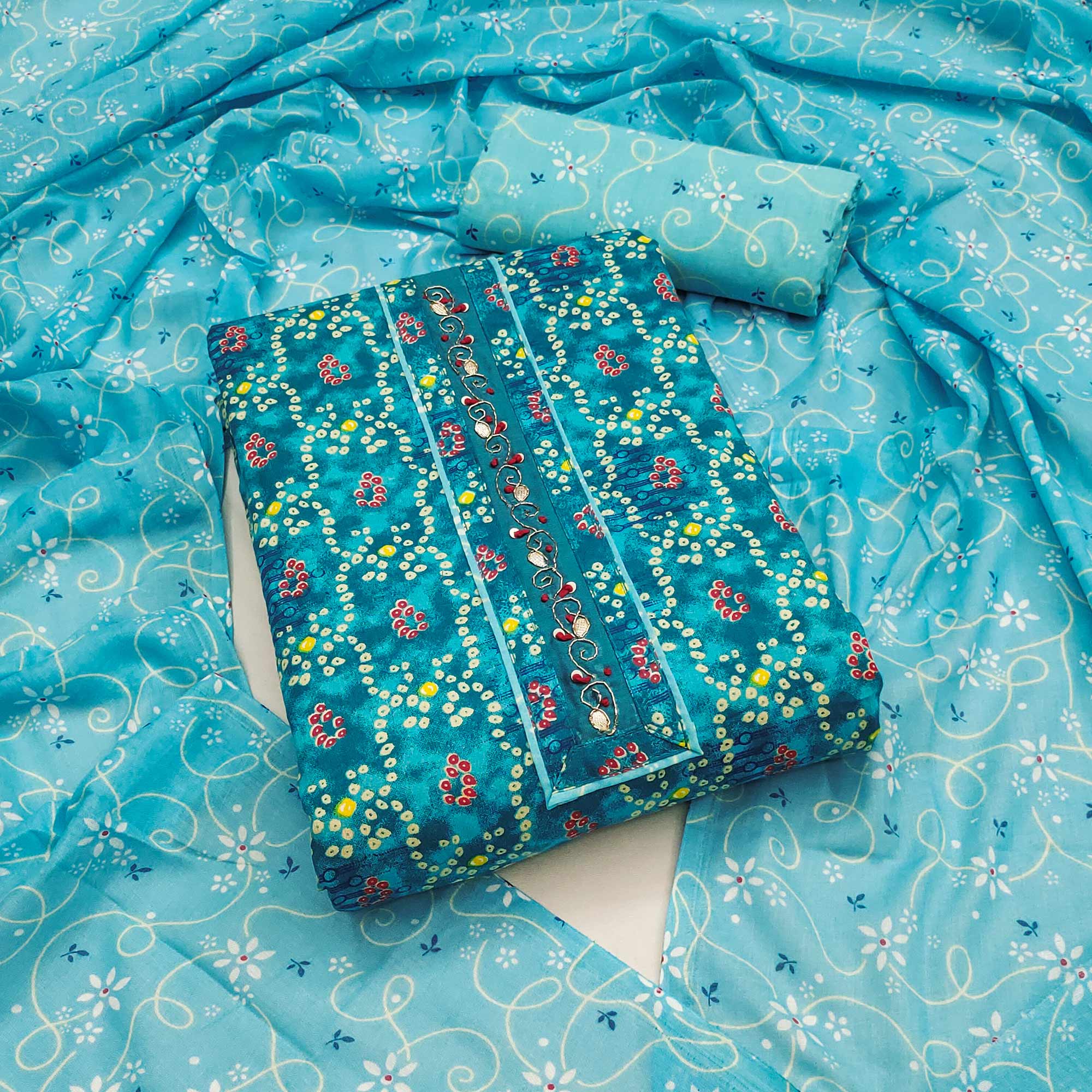 Teal Bandhani Printed Pure Cotton Dress Material