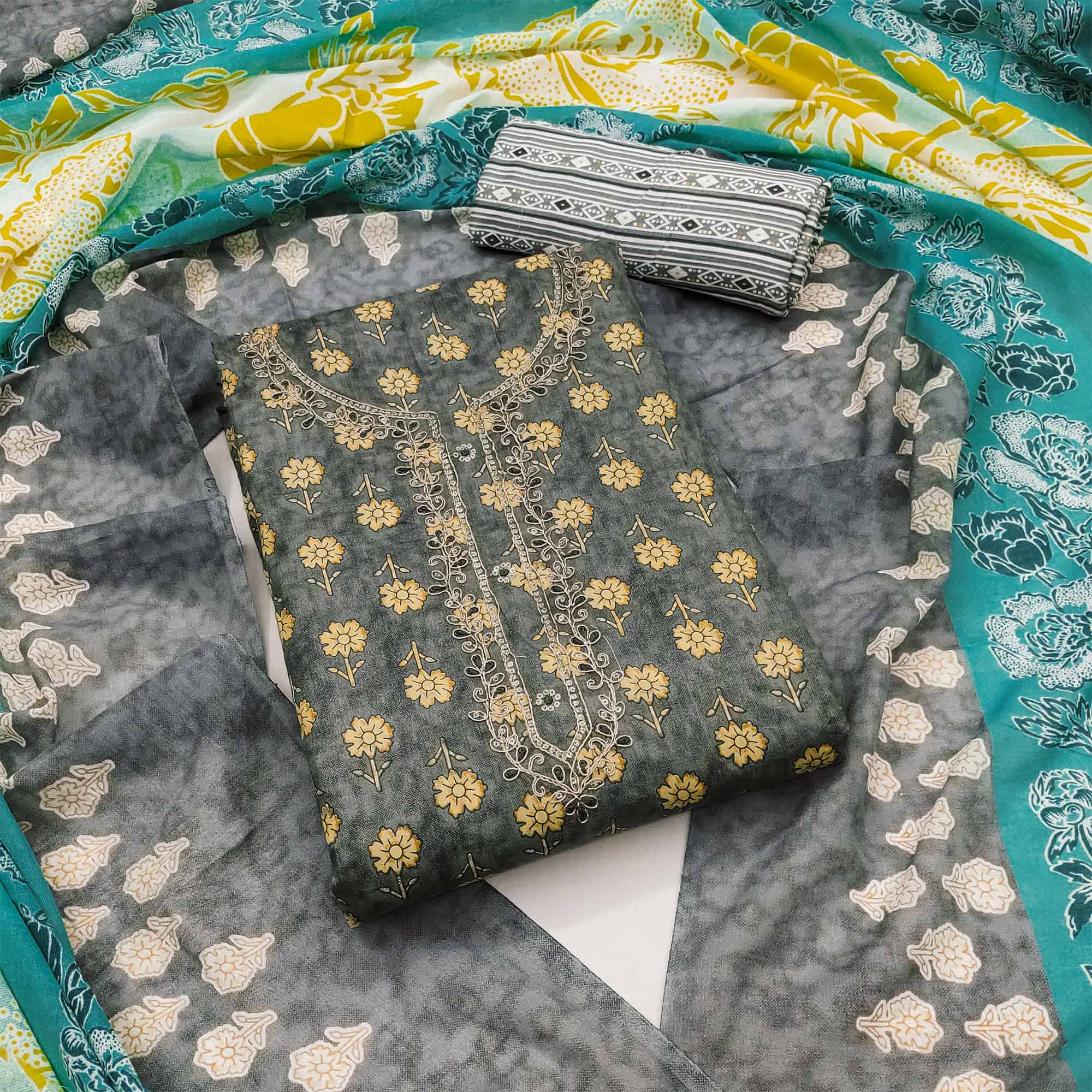 Grey Floral Printed Pure Cotton Dress Material