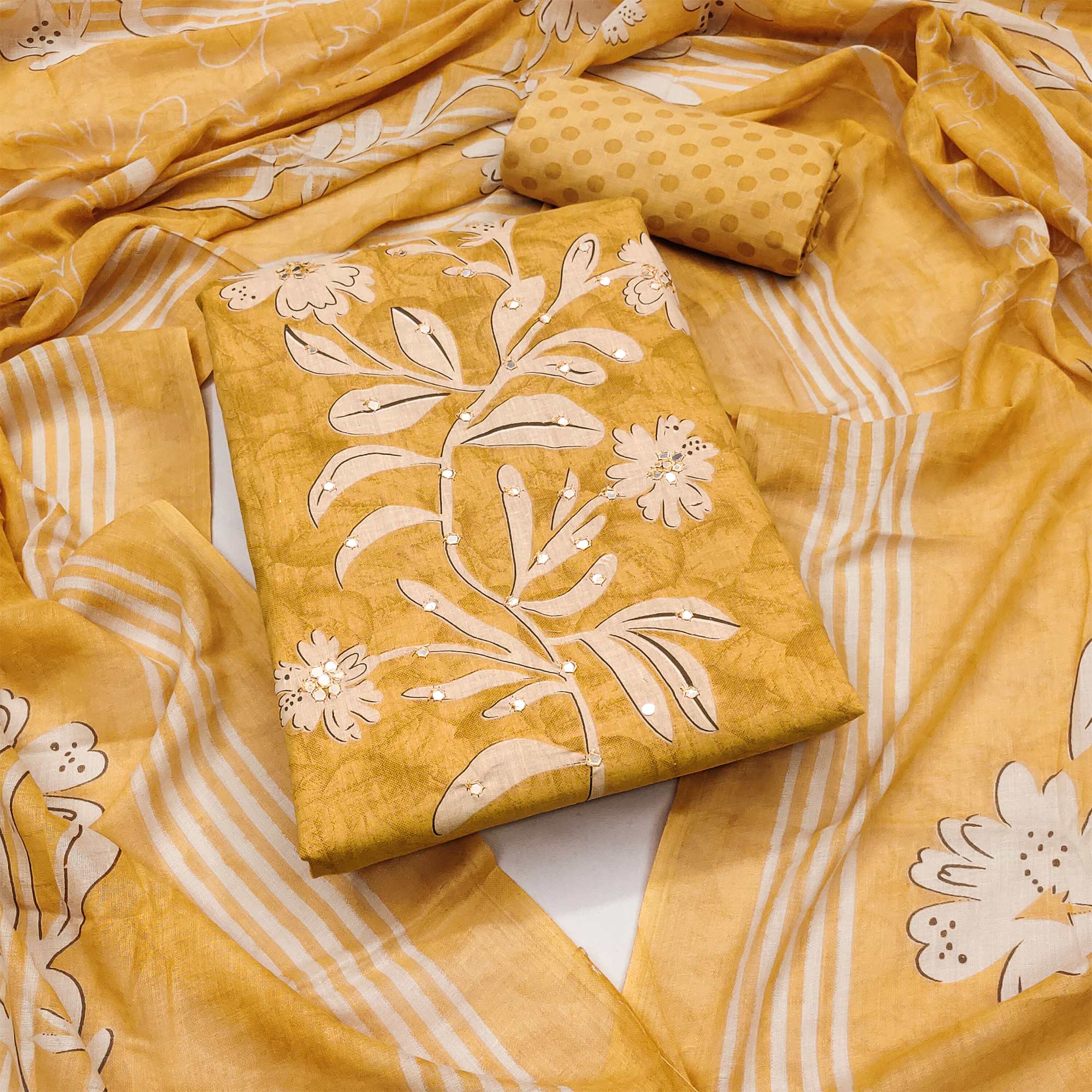 Mustard Floral Printed Mirror Work Pure Cotton Dress Material