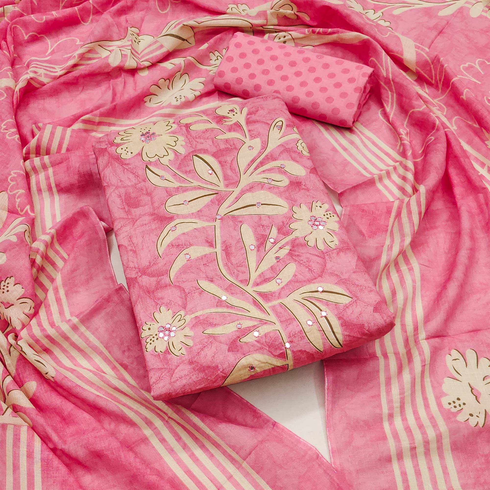 Pink Floral Printed Mirror Work Pure Cotton Dress Material