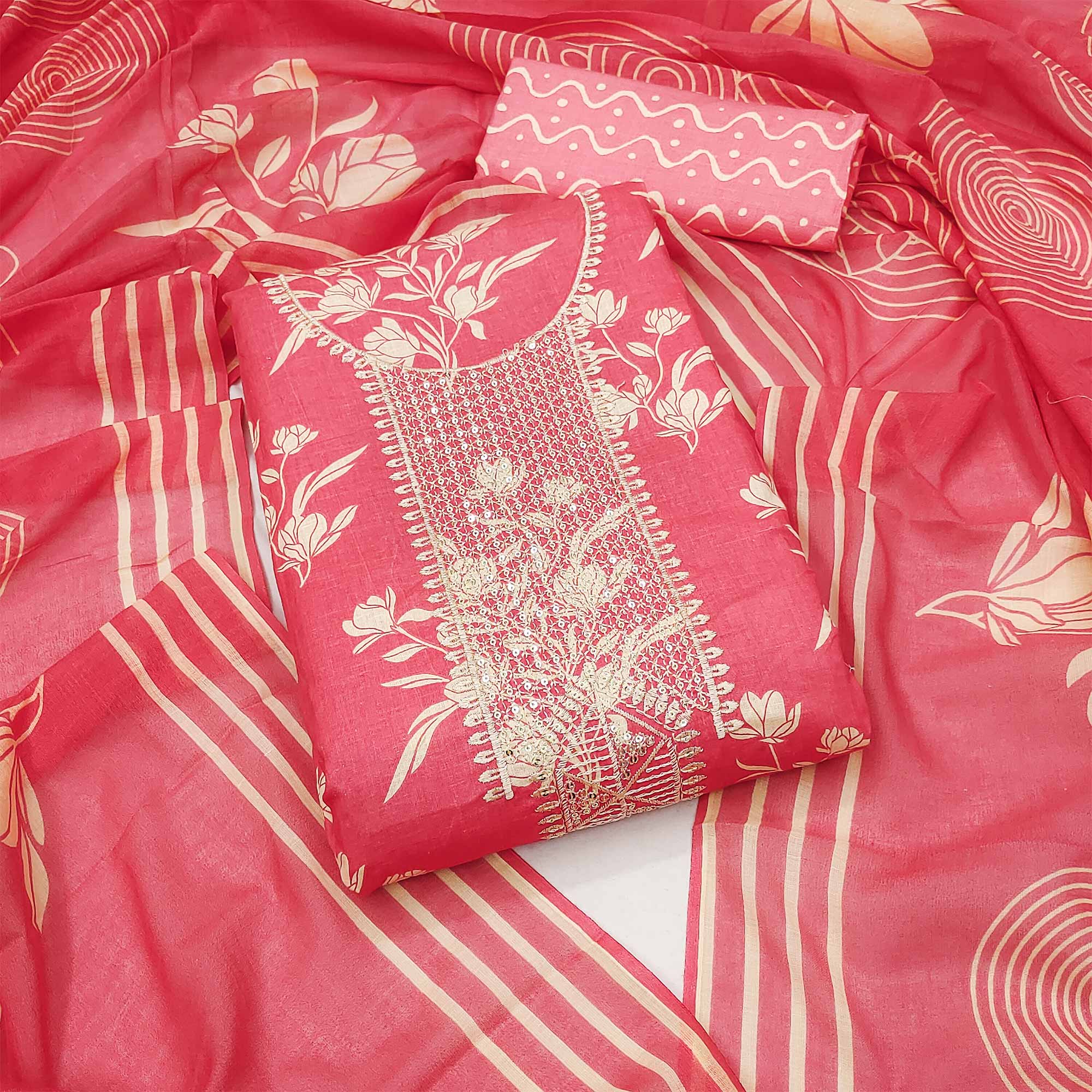 Gajri Pink Printed With Sequins Work Pure Cotton Dress Material