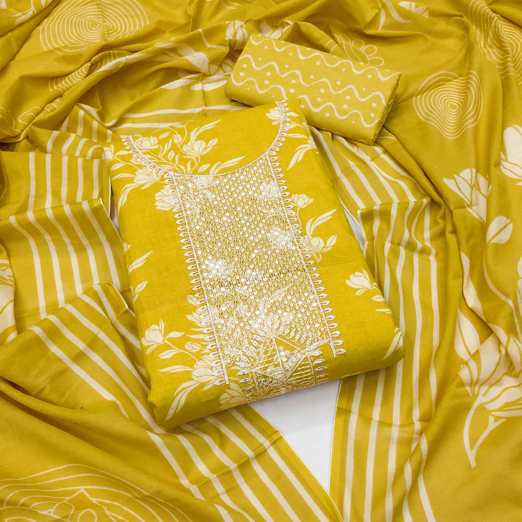 Mustard Printed With Sequins Work Pure Cotton Dress Material