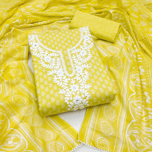 Yellow Pure Cotton Dress Material with Artistic Neck Embroidery and Subtle Printed Motifs