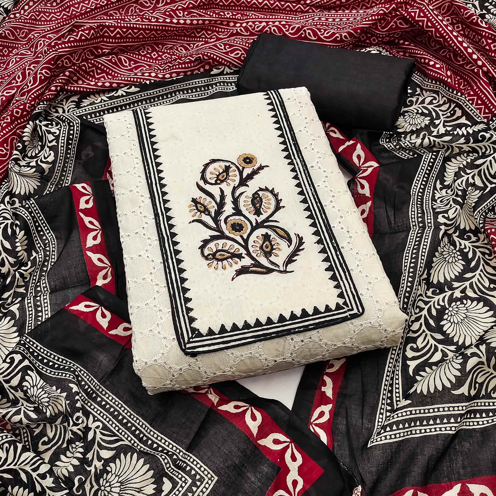 Off White & Black Dress Material in Pure Cotton with Schiffli Detailing and Handblock Motifs